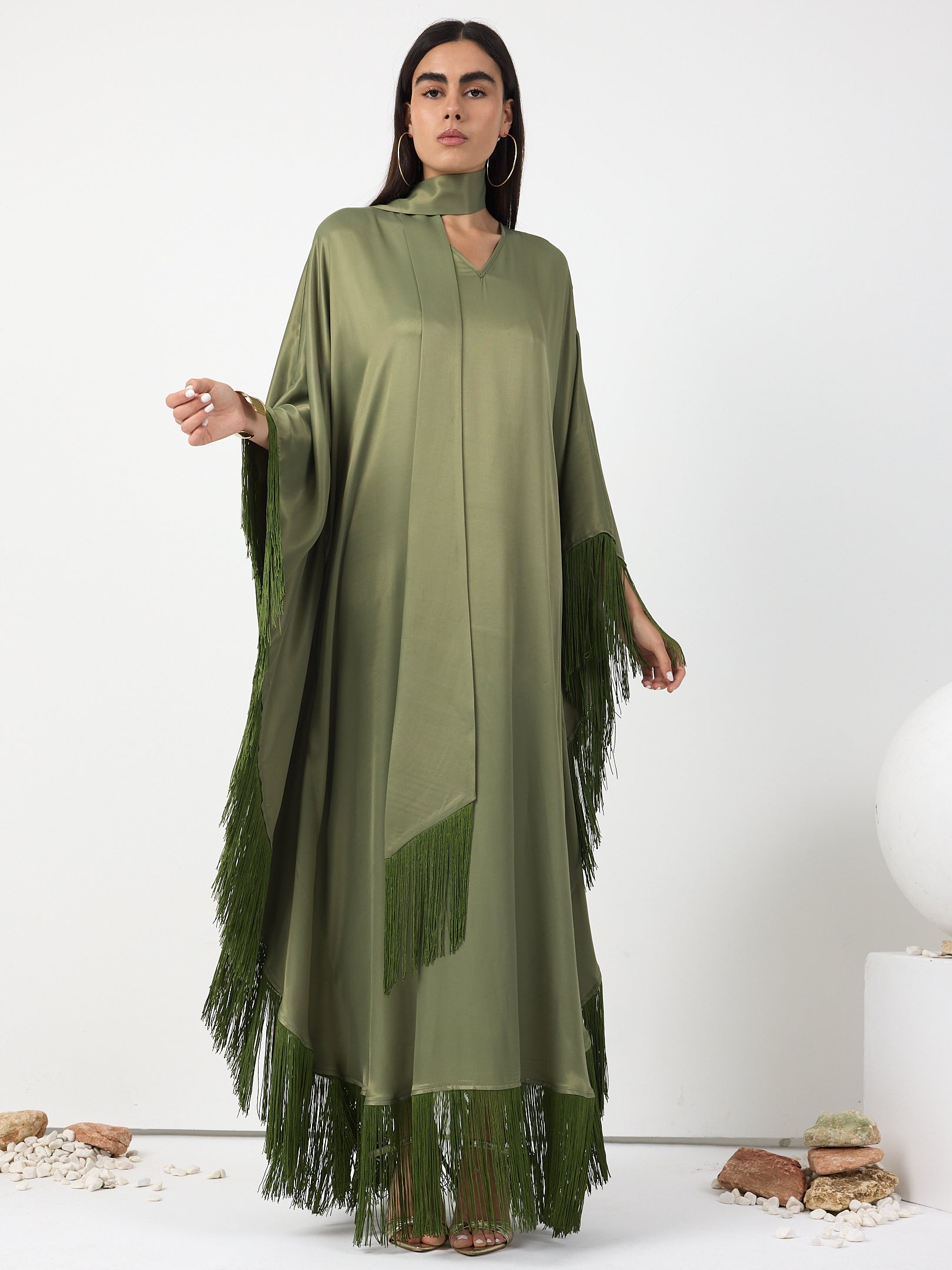 Green Fringed V Neck Kaftan Dress With Tie Neck Detailed