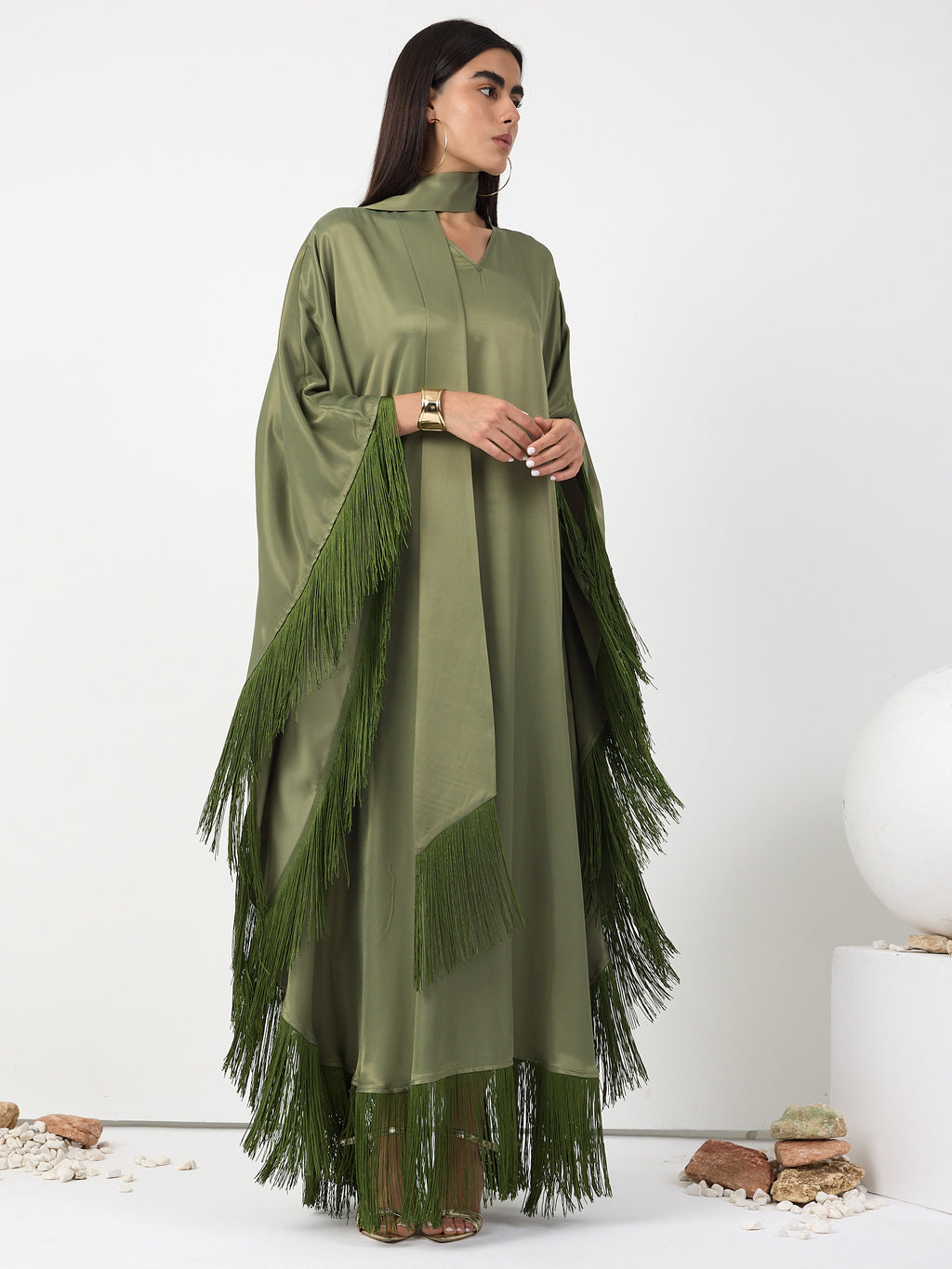 Green Fringed V Neck Kaftan Dress With Tie Neck Detailed