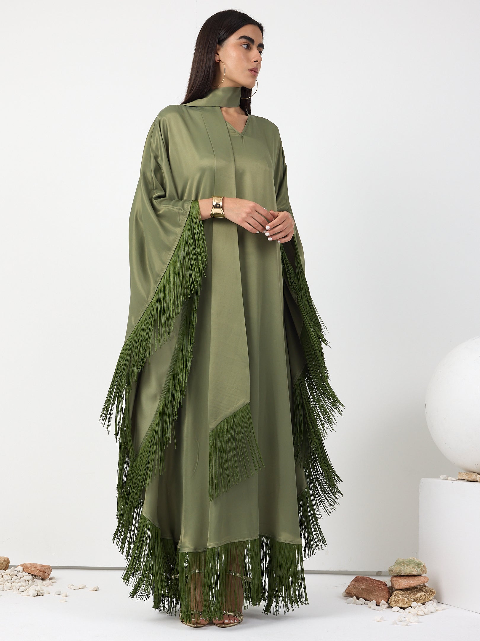Green Fringed V Neck Kaftan Dress With Tie Neck Detailed