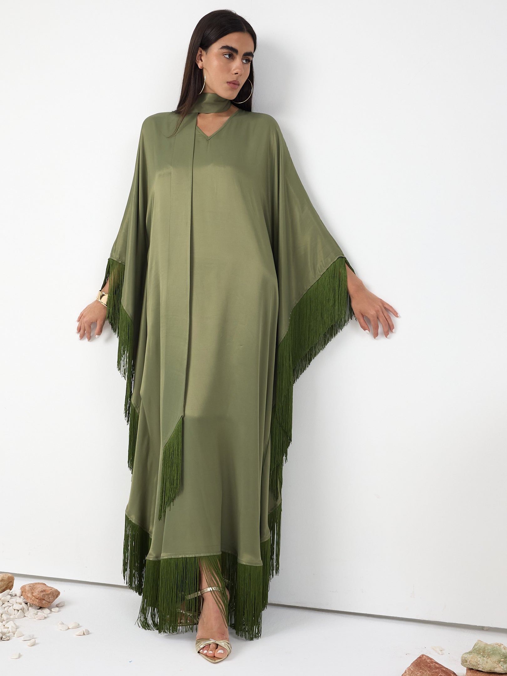 Green Fringed V Neck Kaftan Dress With Tie Neck Detailed - Store WF
