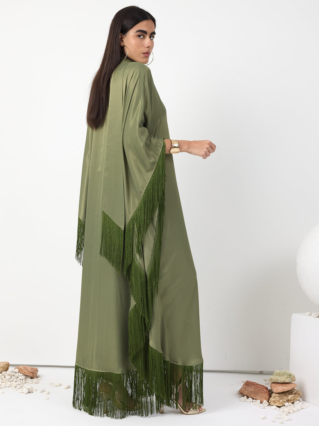 Green Fringed V Neck Kaftan Dress With Tie Neck Detailed