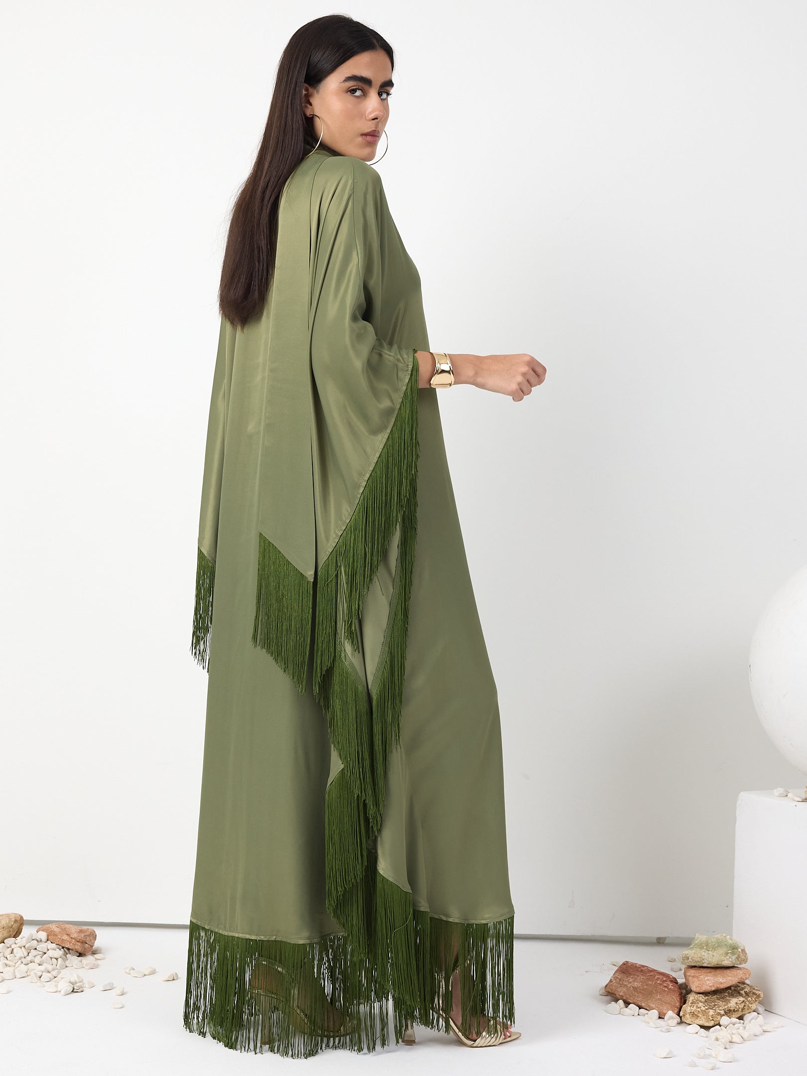 Green Fringed V Neck Kaftan Dress With Tie Neck Detailed - Store WF