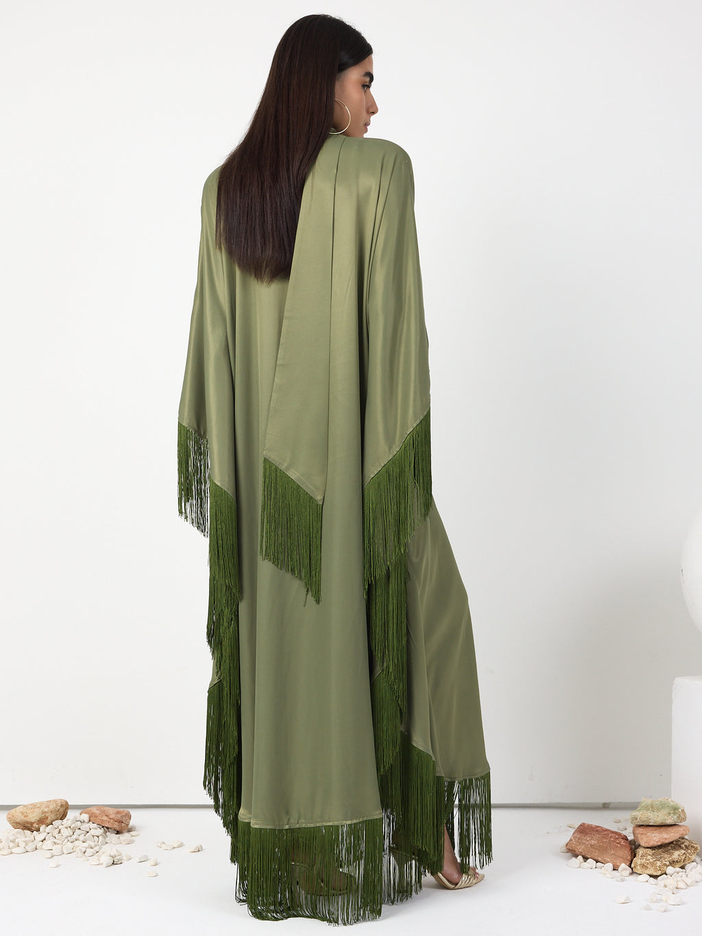 Green Fringed V Neck Kaftan Dress With Tie Neck Detailed