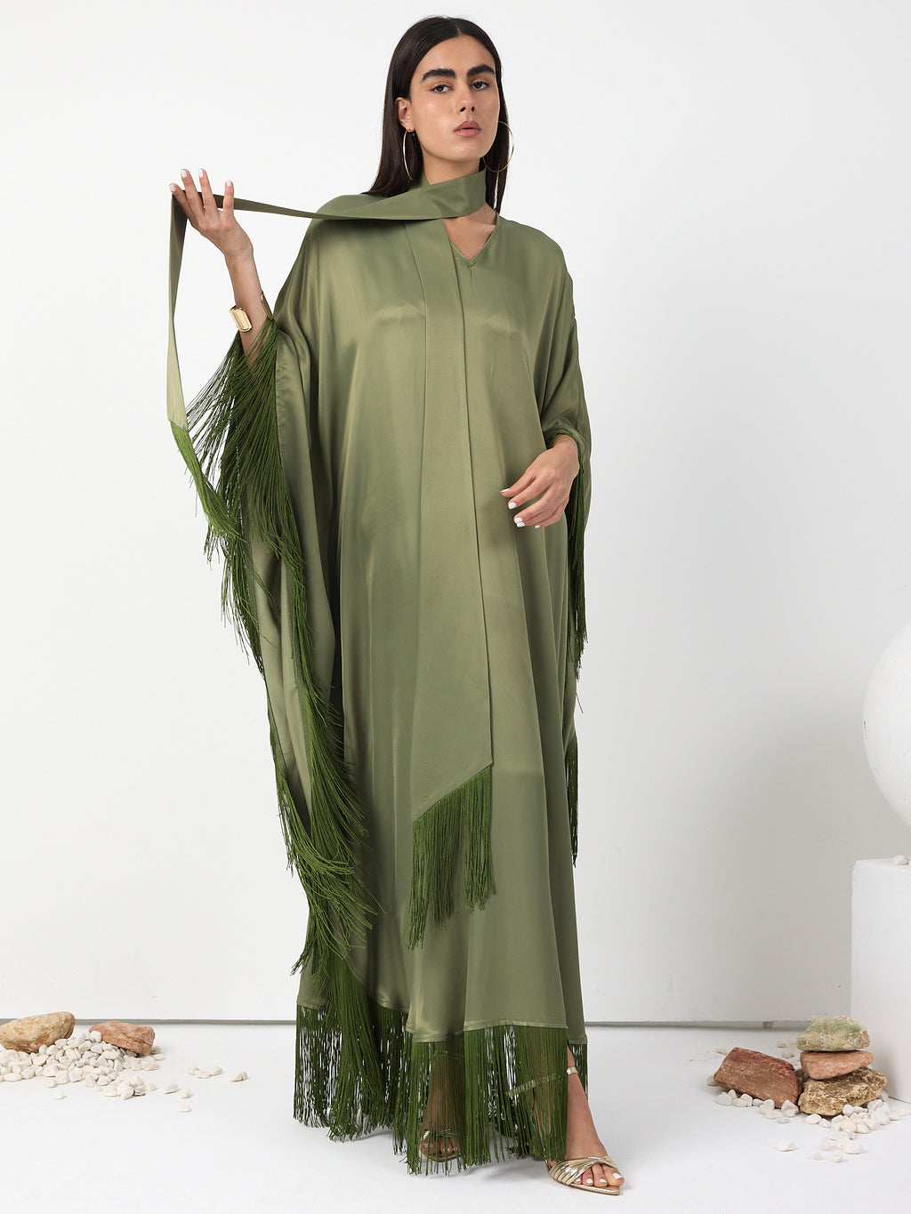 Green Fringed V Neck Kaftan Dress With Tie Neck Detailed