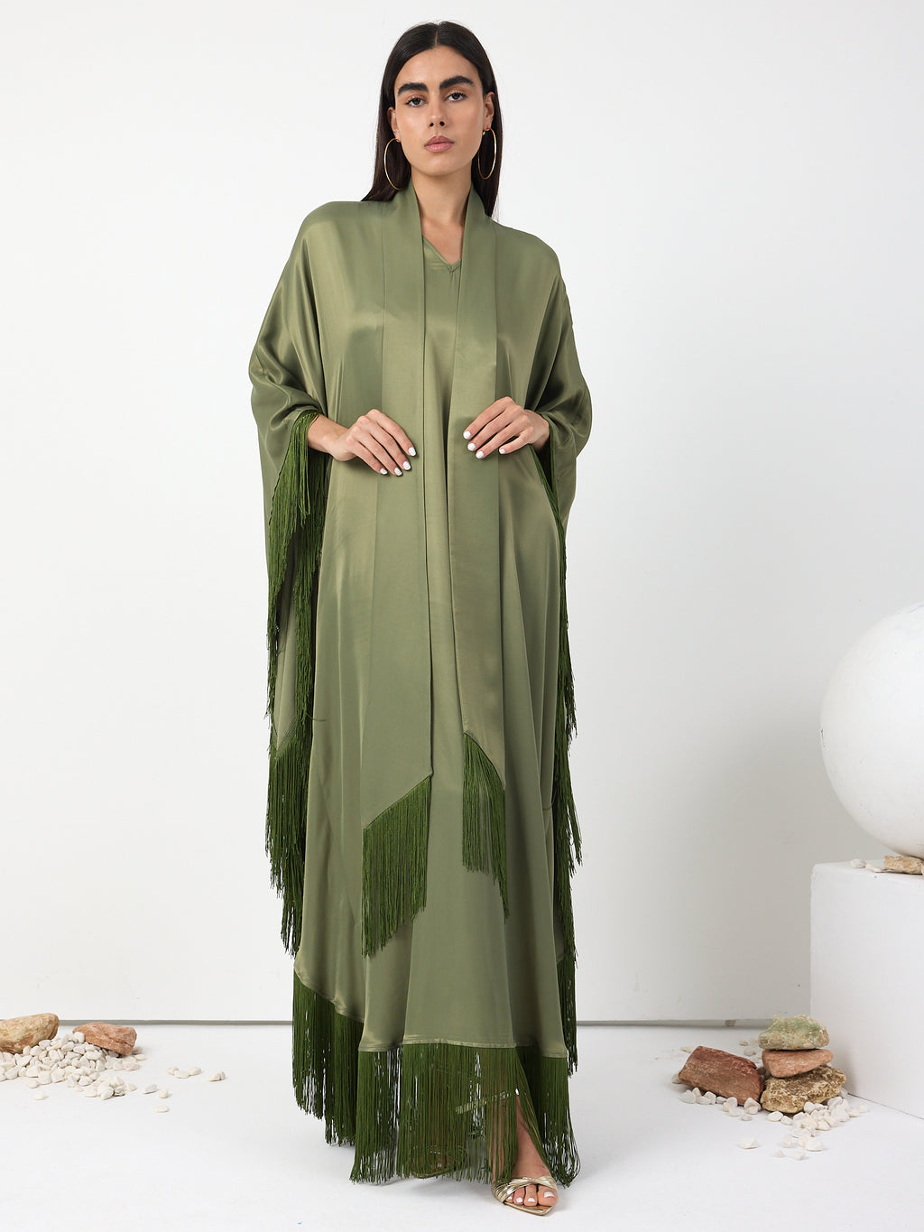Green Fringed V Neck Kaftan Dress With Tie Neck Detailed