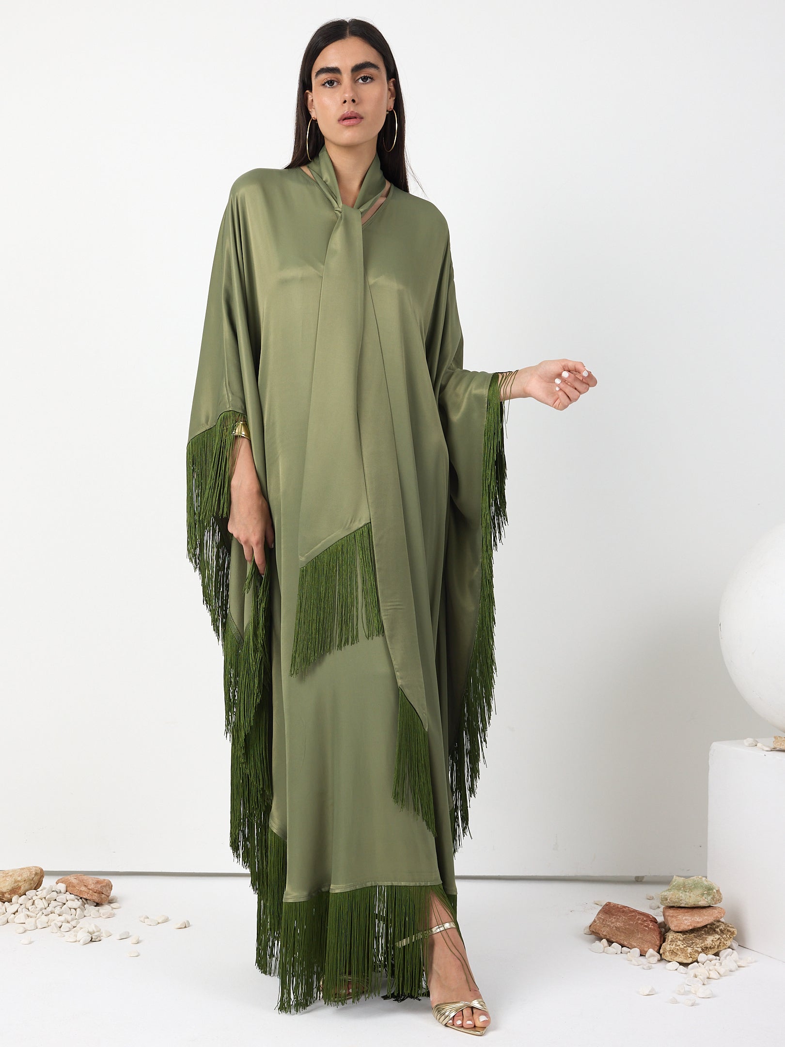Green Fringed V Neck Kaftan Dress With Tie Neck Detailed