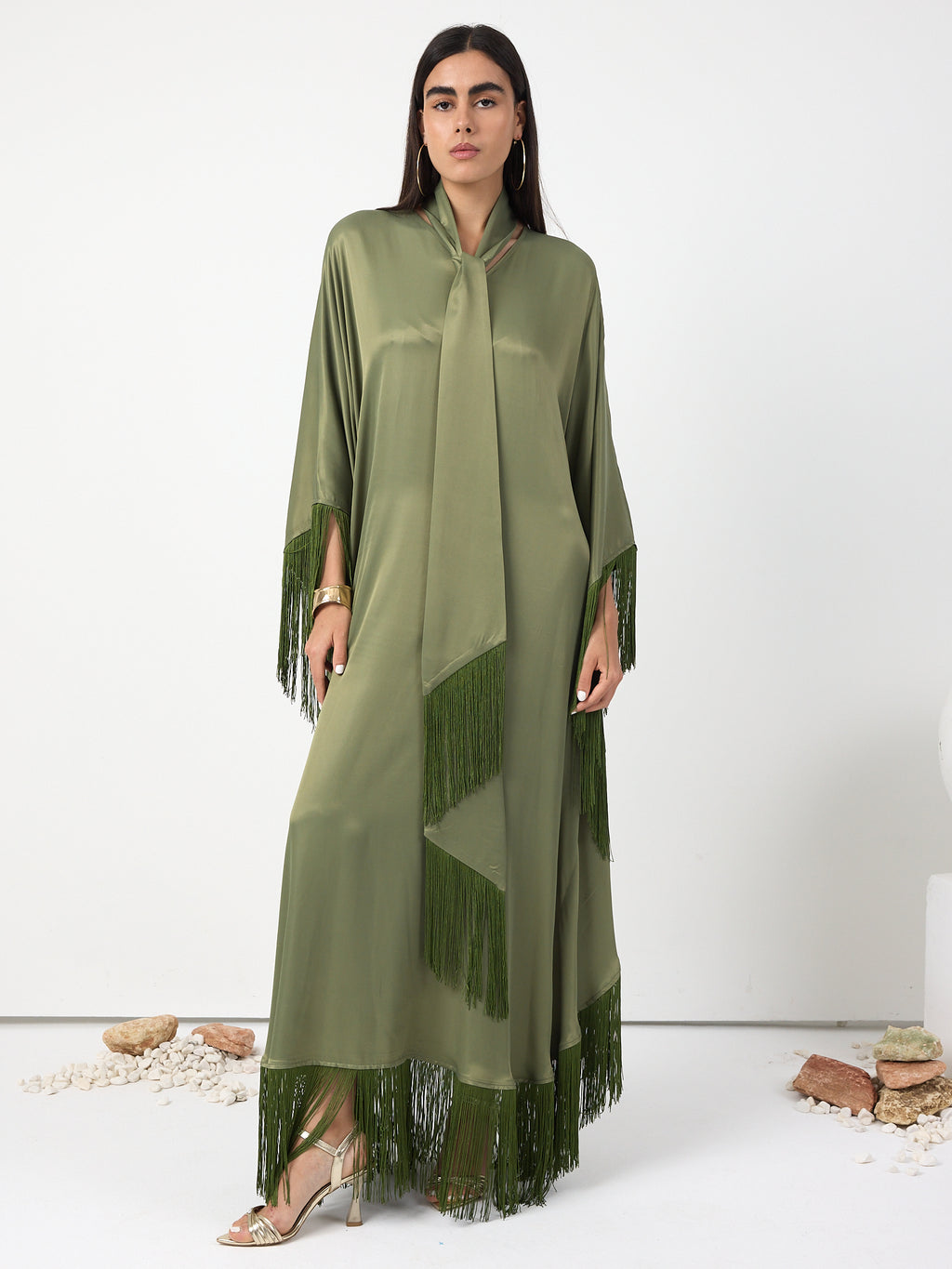 Green Fringed V Neck Kaftan Dress With Tie Neck Detailed