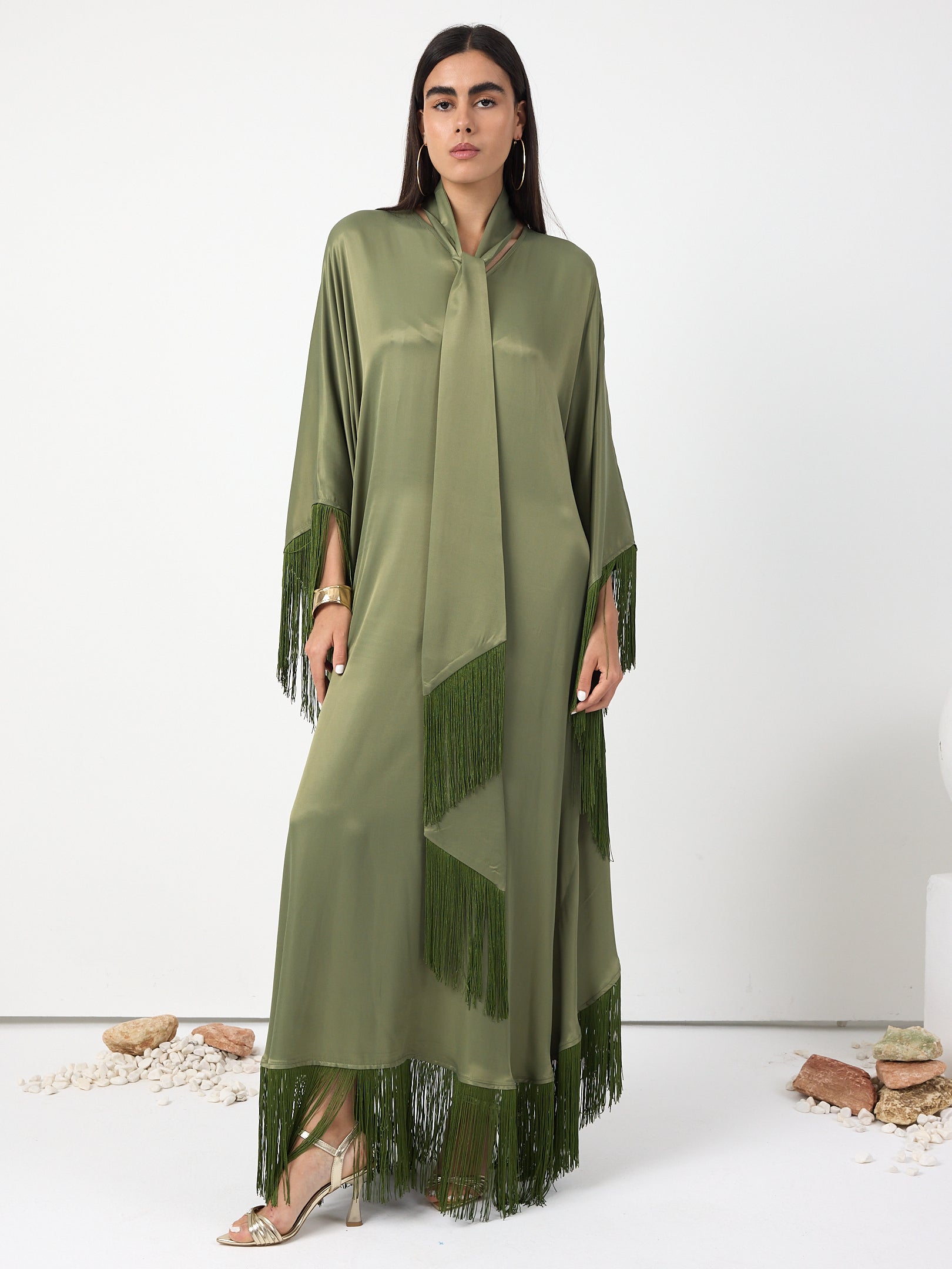 Green Fringed V Neck Kaftan Dress With Tie Neck Detailed
