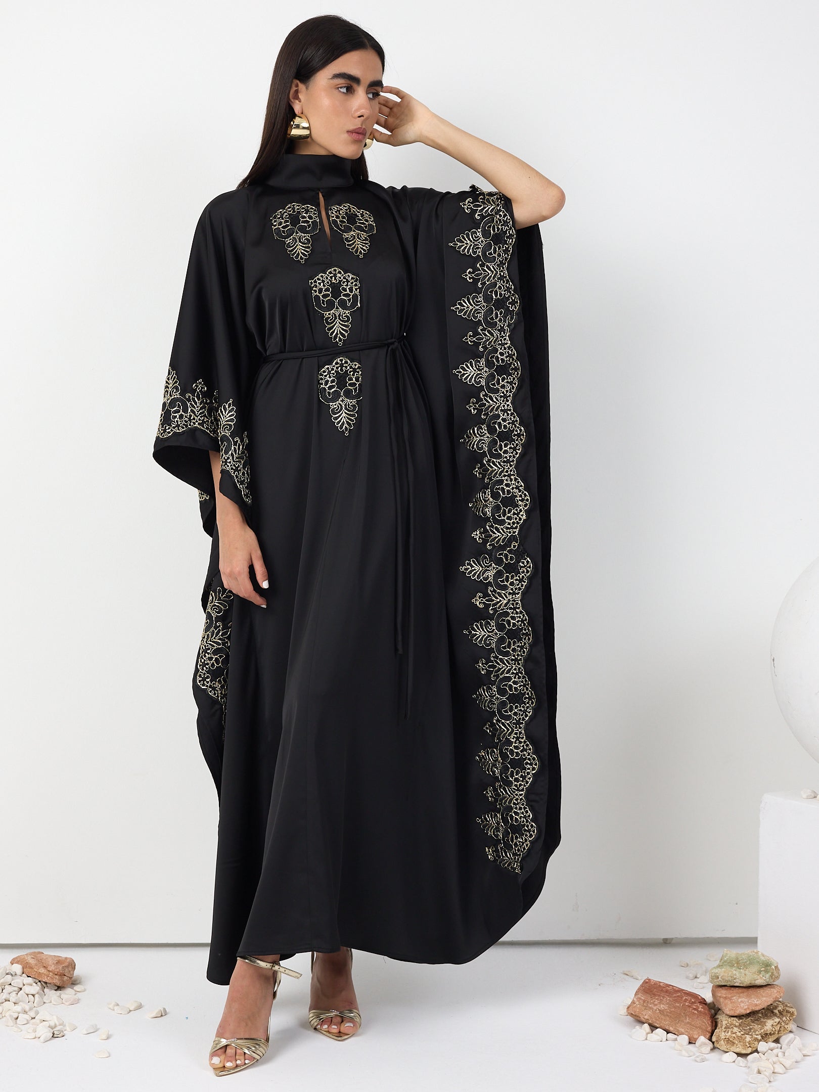 Black Gold Lace Detail Kaftan Dress - Store WF