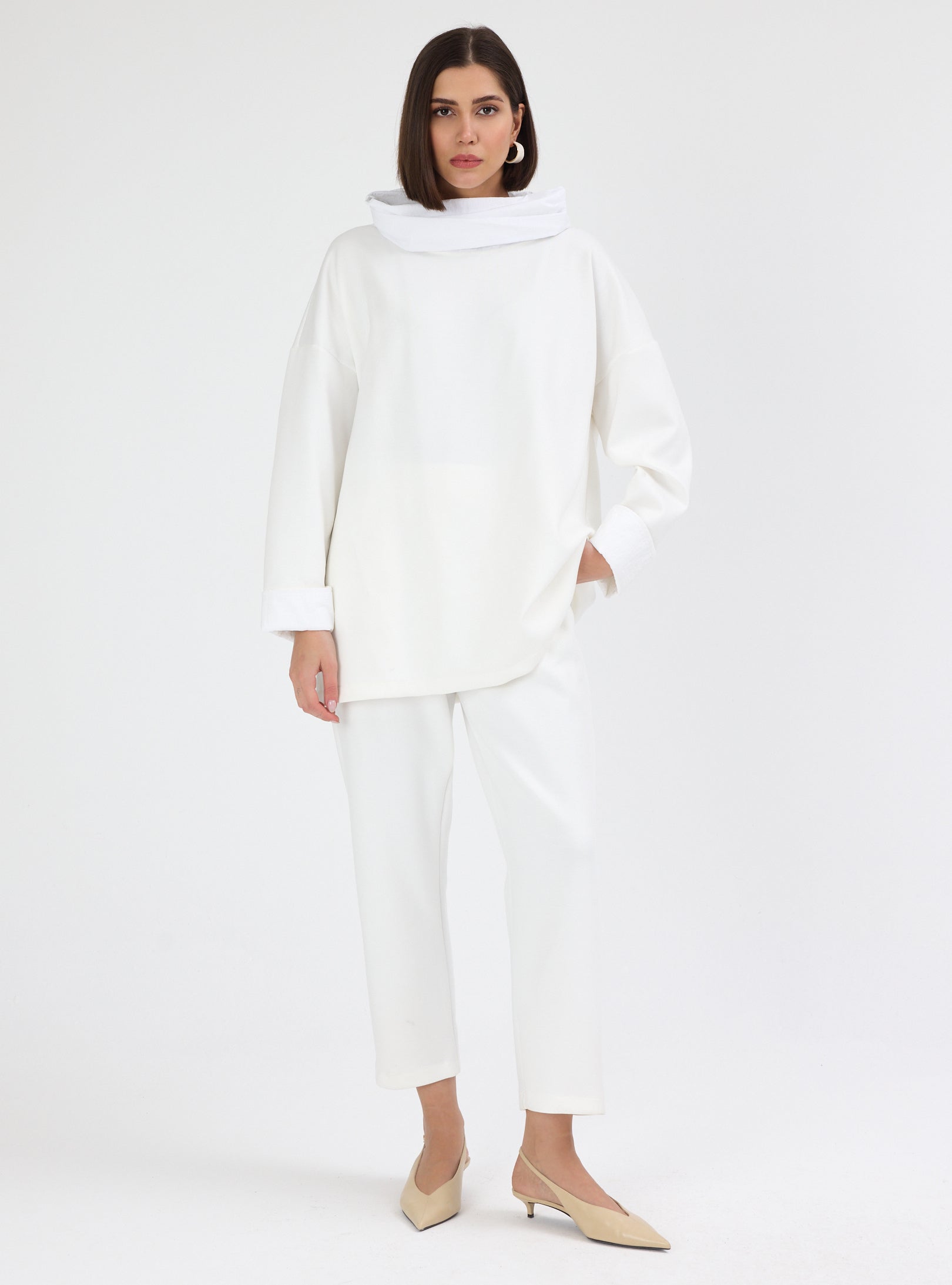 White Ivory Funnel Neck Oversized Set - Store WF
