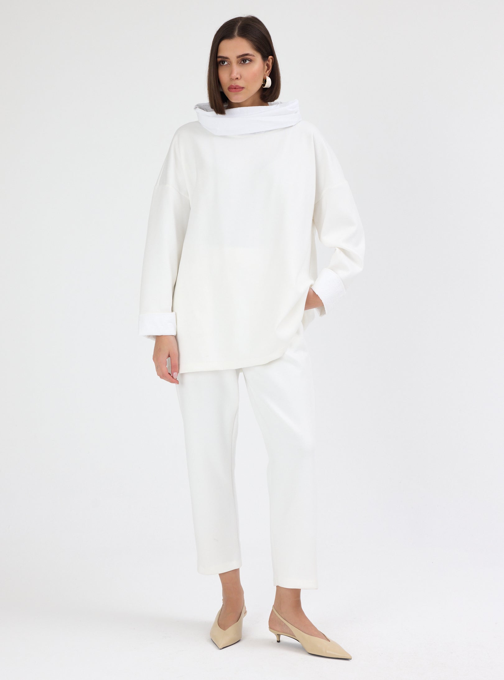 White Ivory Funnel Neck Oversized Set - Store WF
