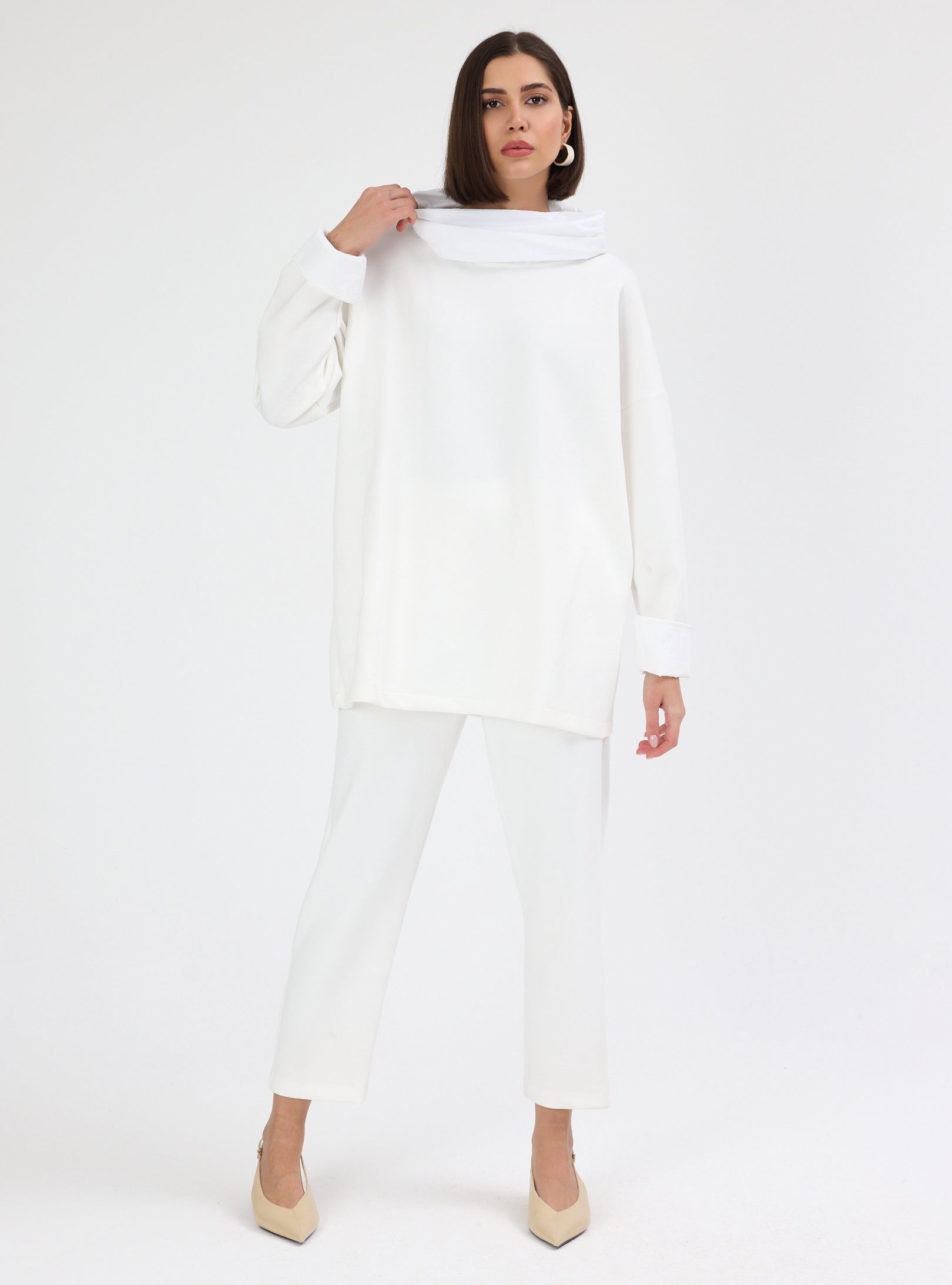 White Ivory Funnel Neck Oversized Set - Store WF