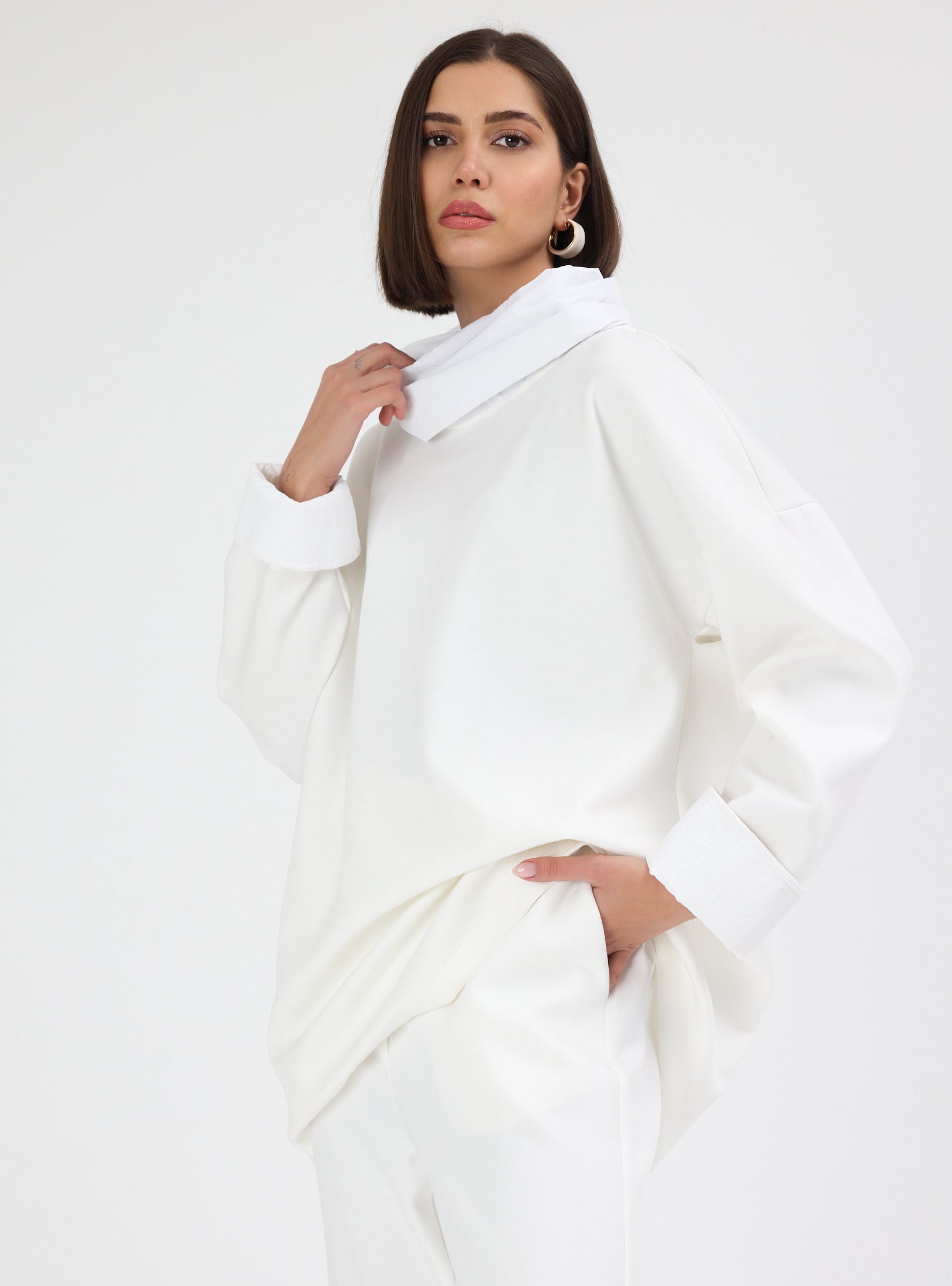 White Ivory Funnel Neck Oversized Set - Store WF
