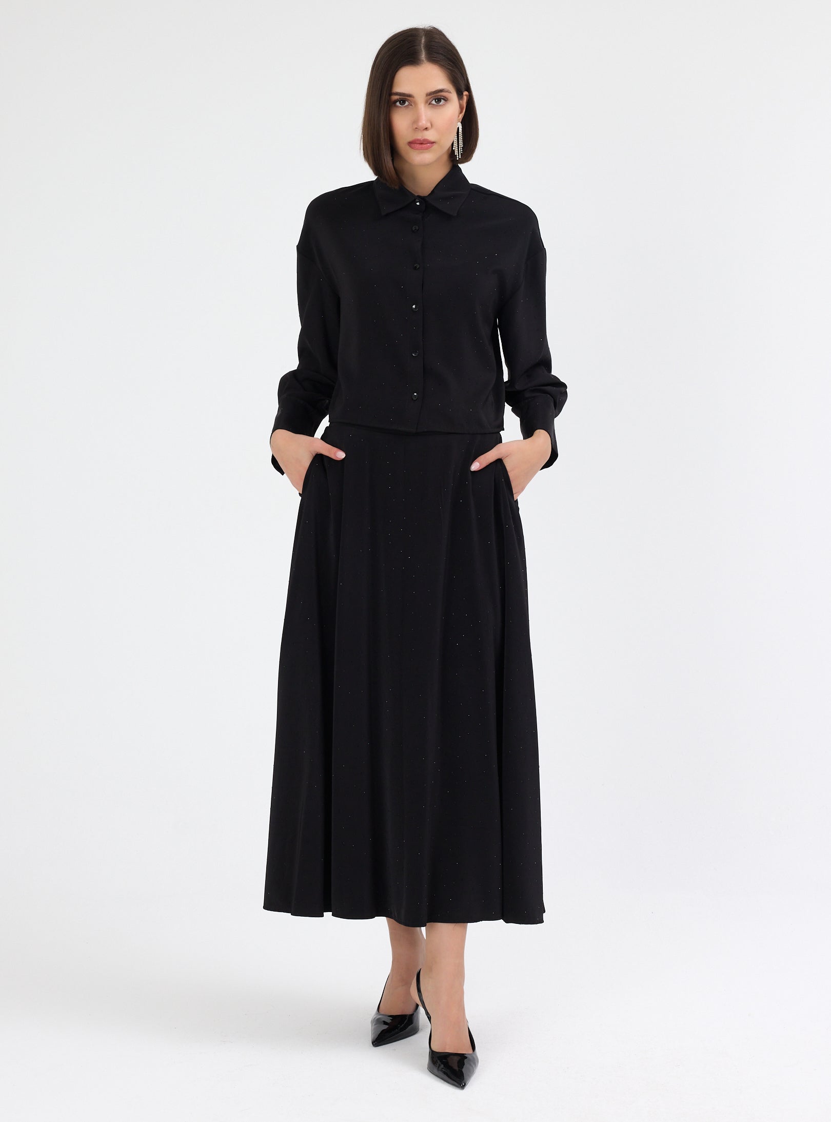 Black Crystal Embellished Skirt & Shirt Set - Store WF