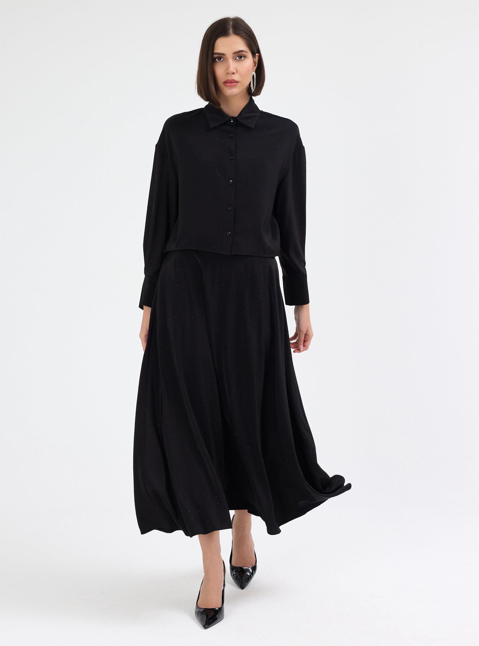 Black Crystal Embellished Skirt & Shirt Set - Store WF