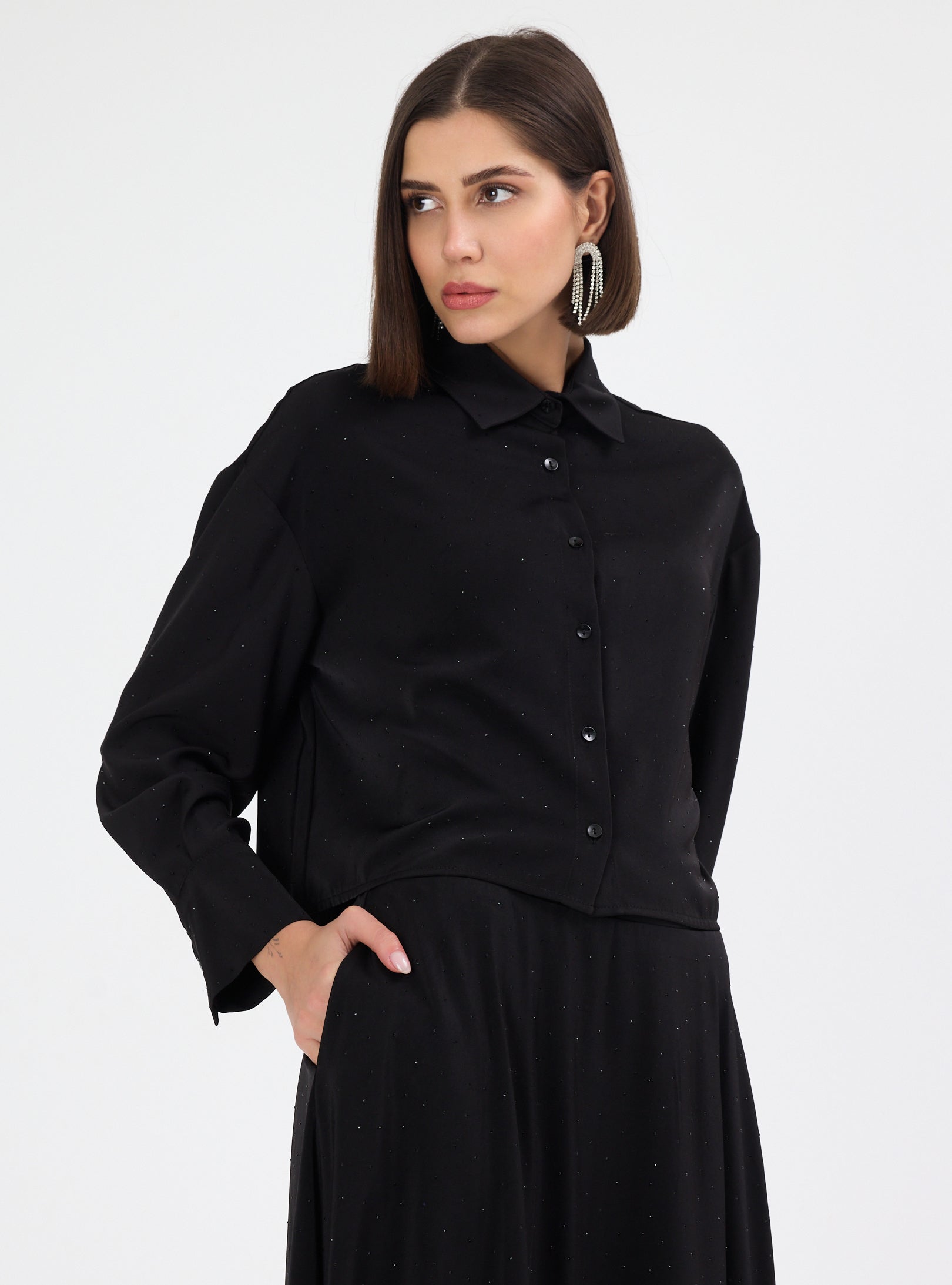 Black Crystal Embellished Skirt & Shirt Set - Store WF