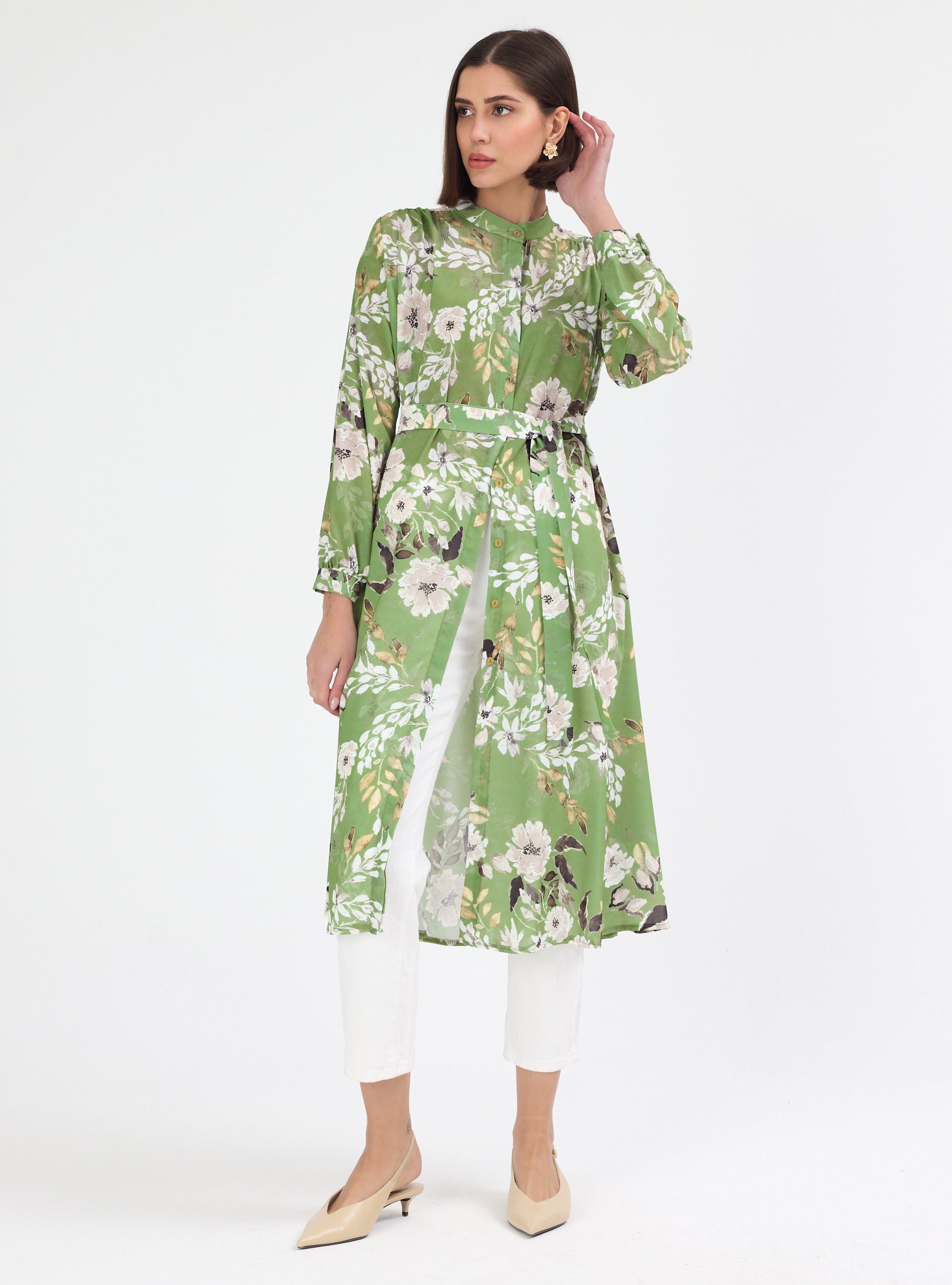 Green Flower Print Shirt Tunic - Store WF