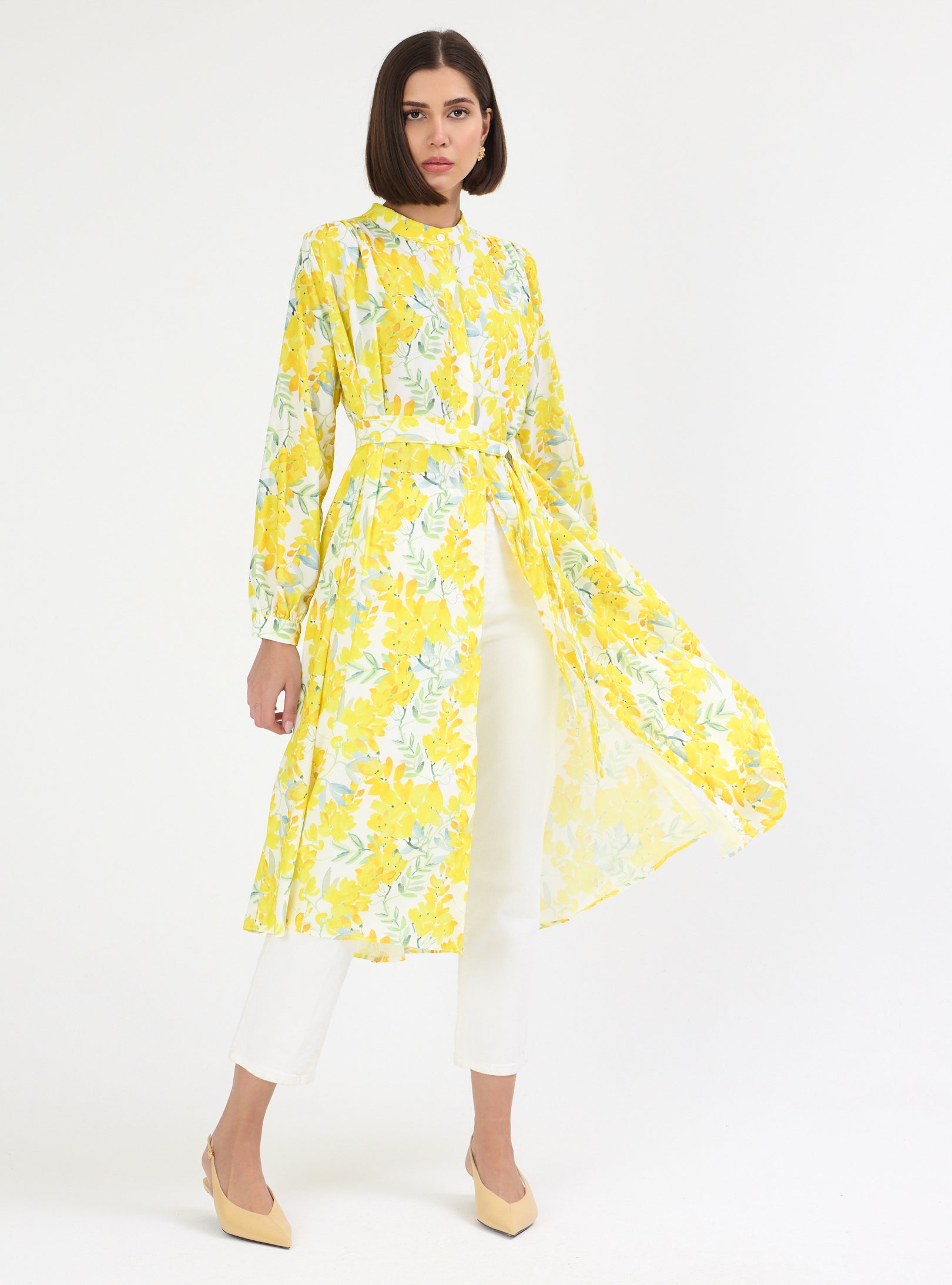 Yellow Flower Print Shirt Tunic - Store WF