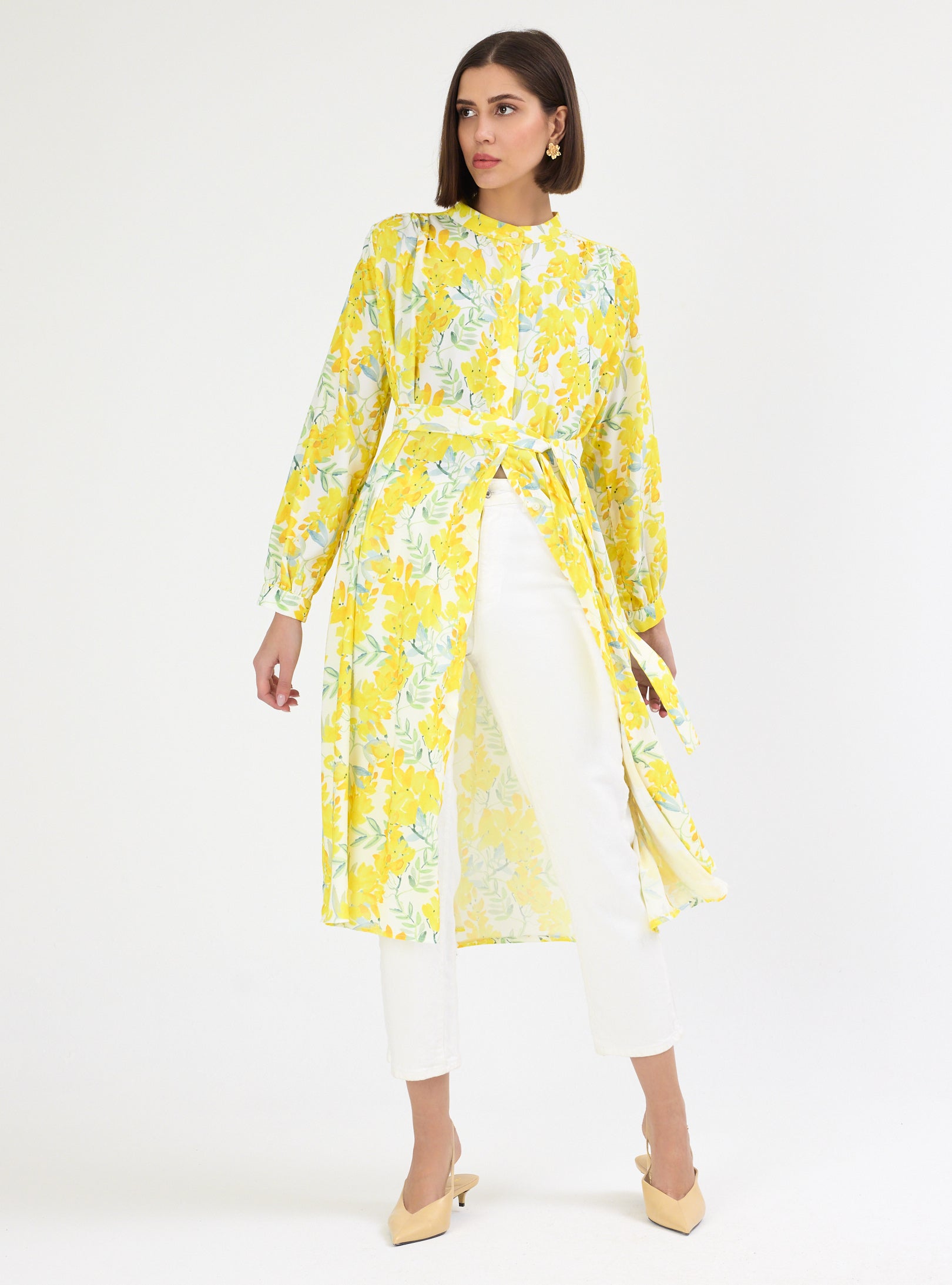 Yellow Flower Print Shirt Tunic - Store WF