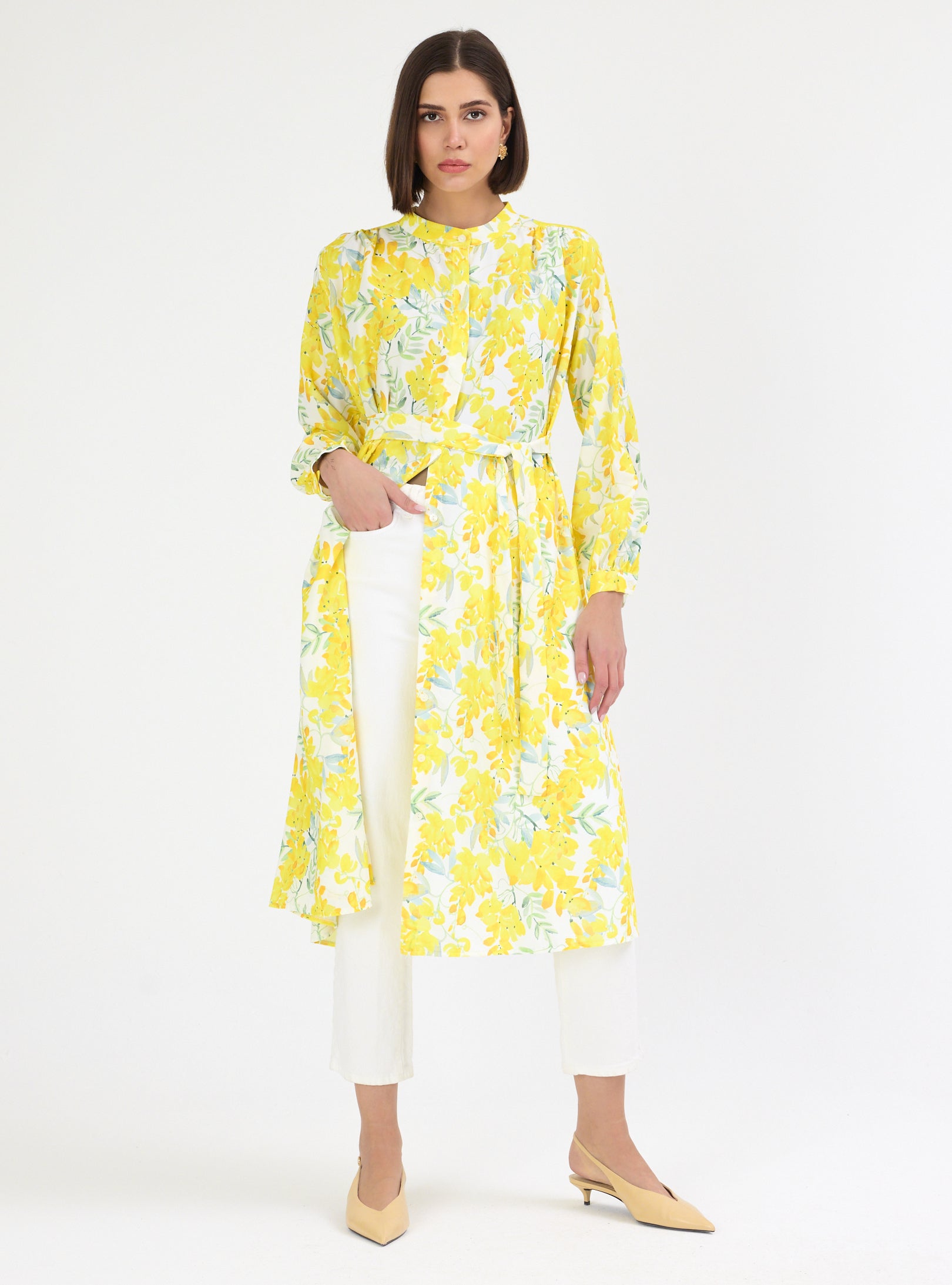 Yellow Flower Print Shirt Tunic - Store WF