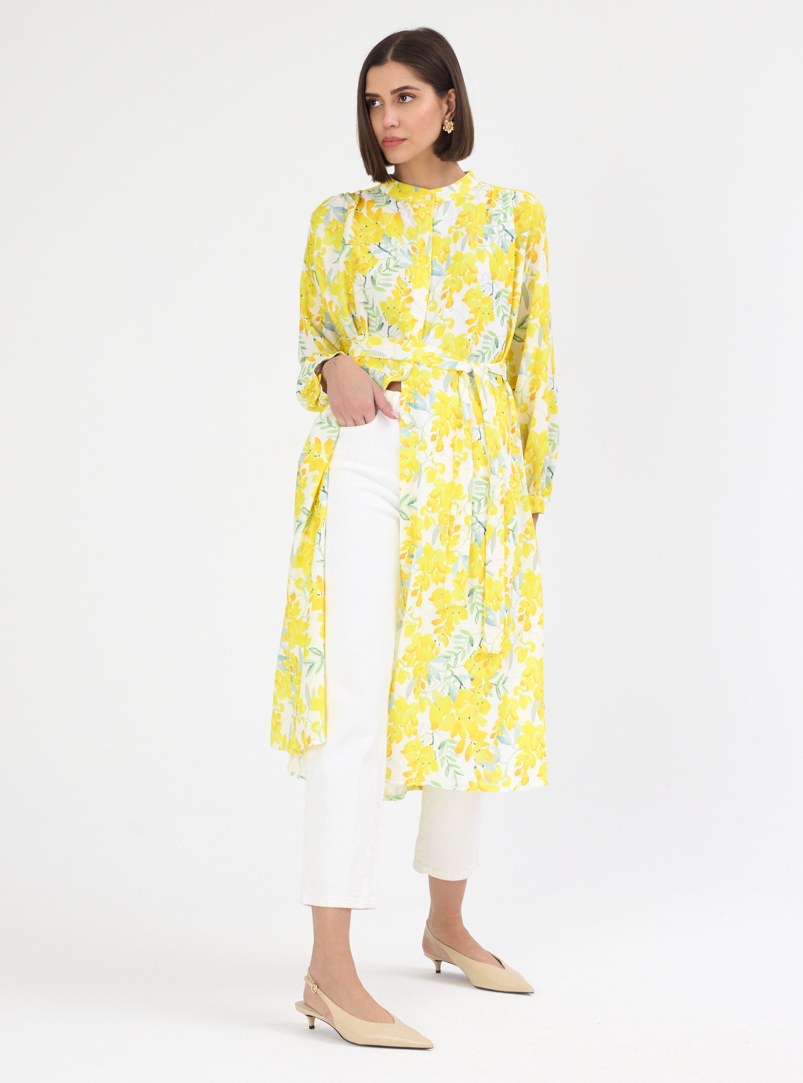 Yellow Flower Print Shirt Tunic - Store WF