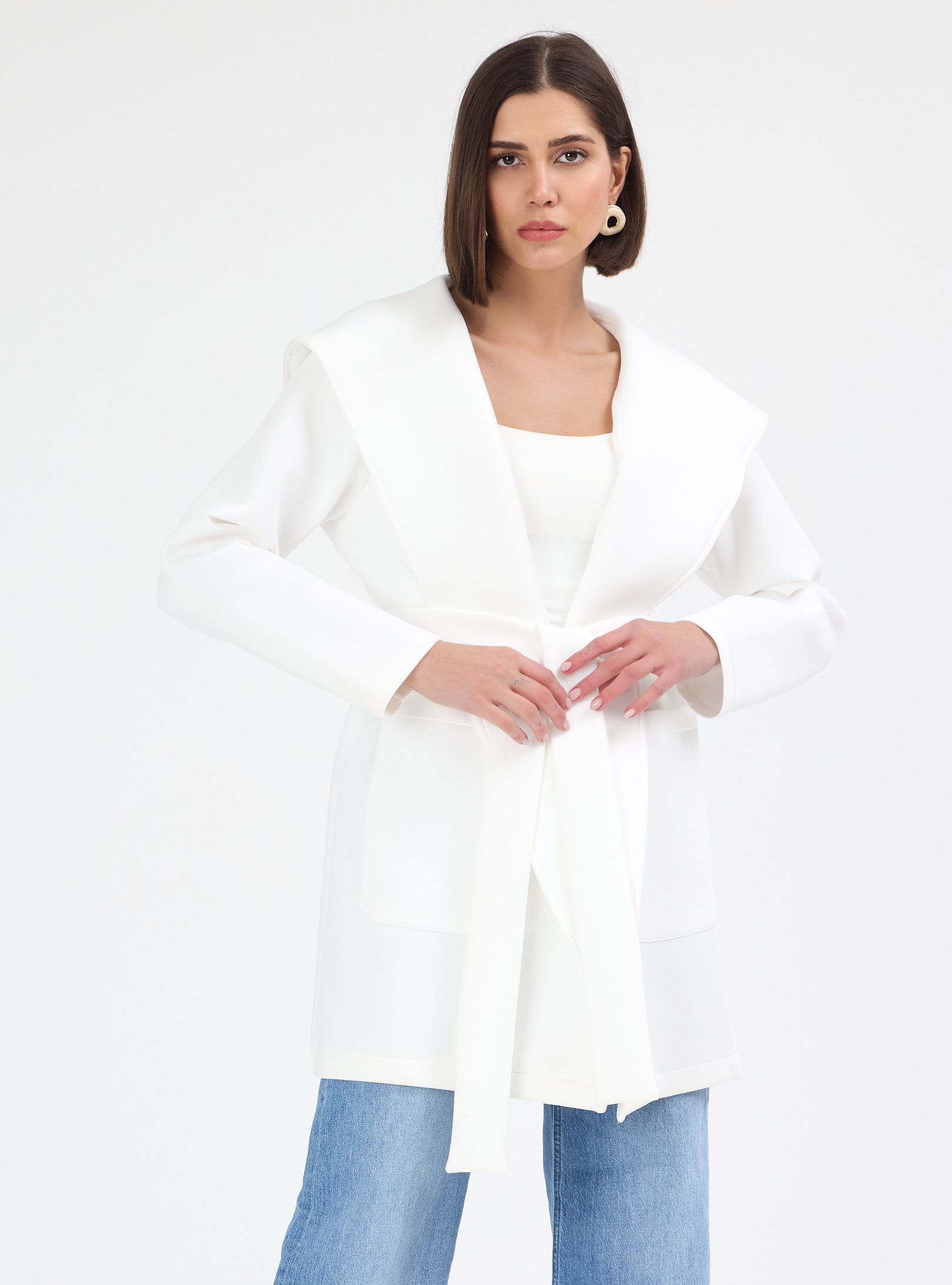 White Scuba Belted Jacket - Store WF