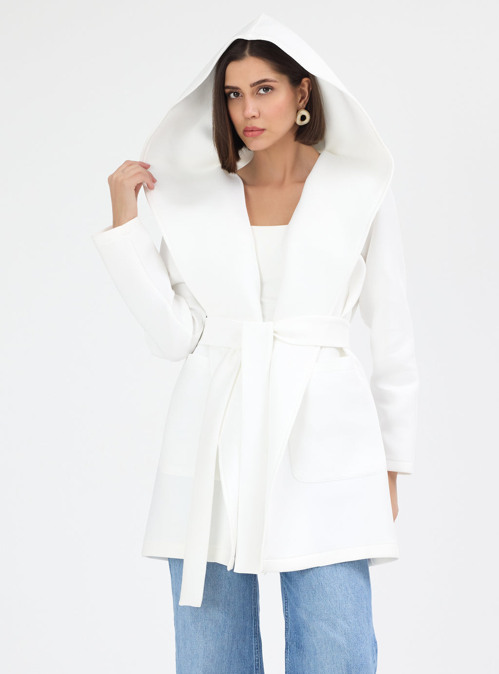 White Scuba Belted Jacket - Store WF