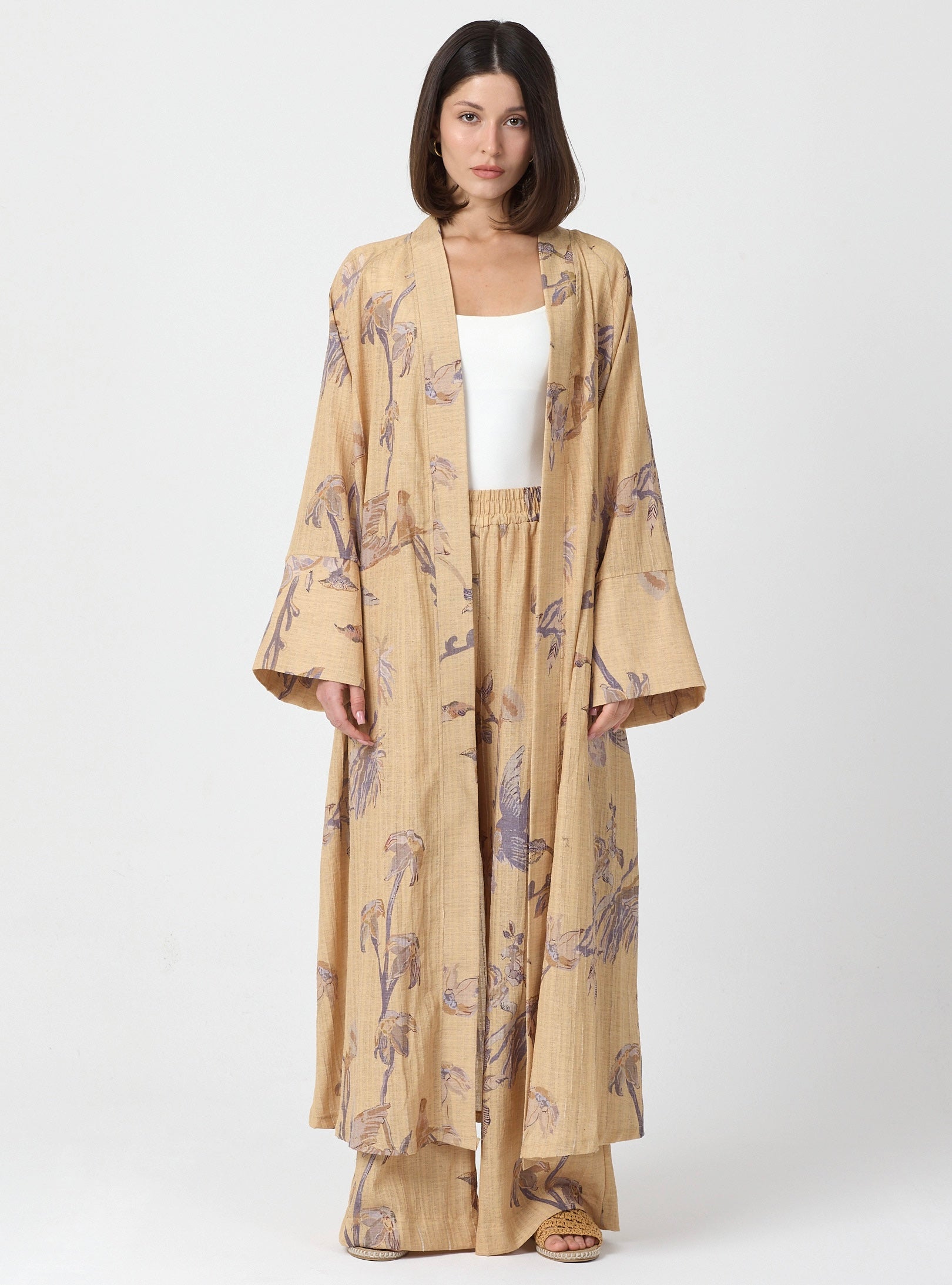 Yellow Print Kimono & Trouser Set