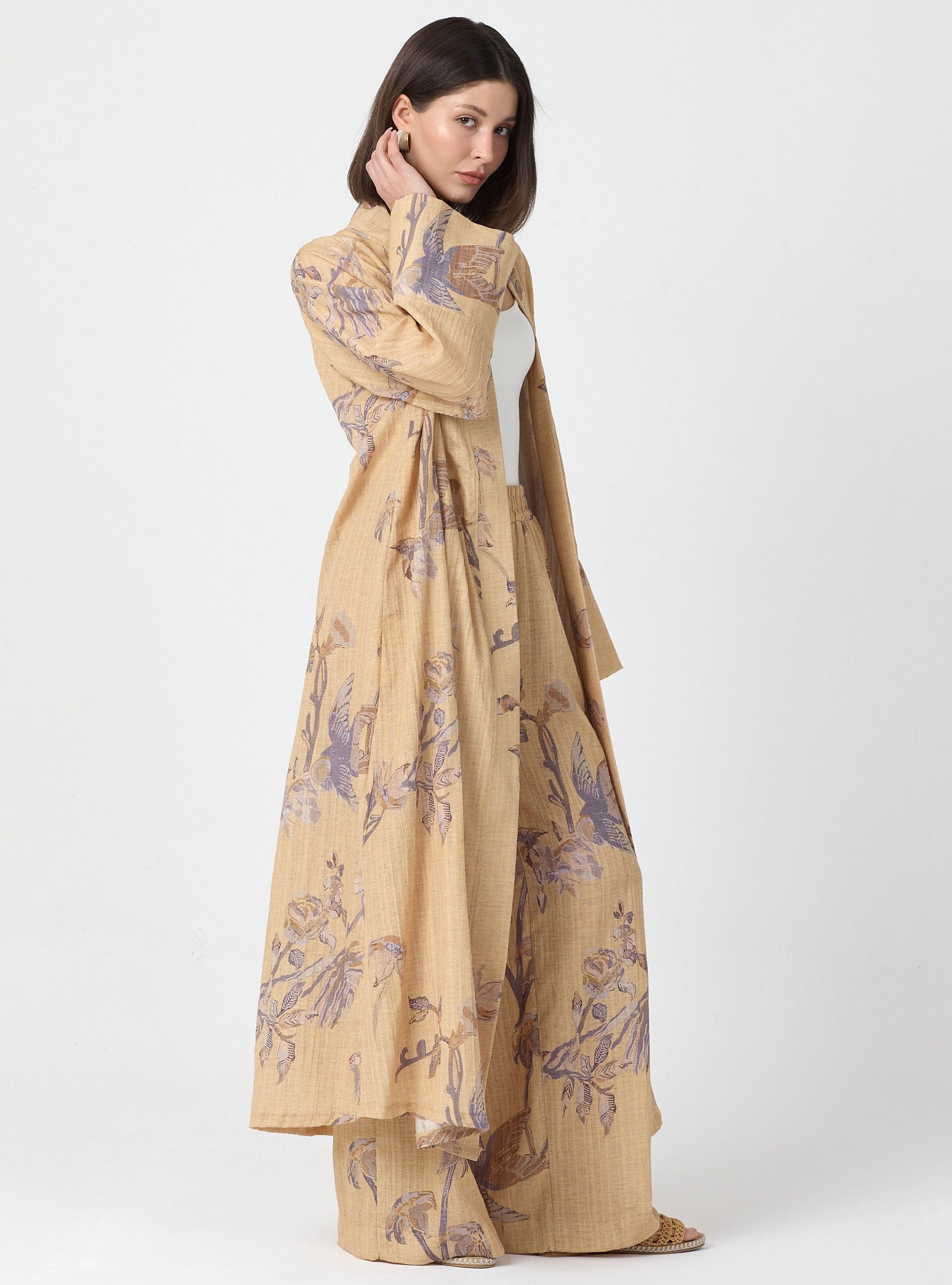 Yellow Print Kimono & Trouser Set