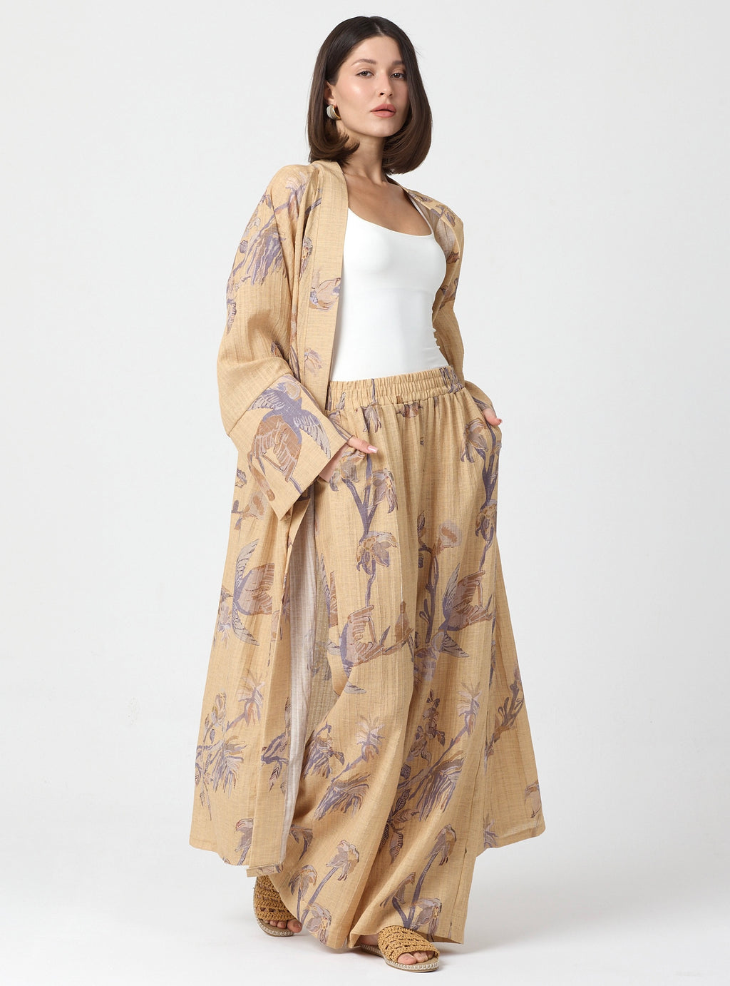 Yellow Print Kimono & Trouser Set