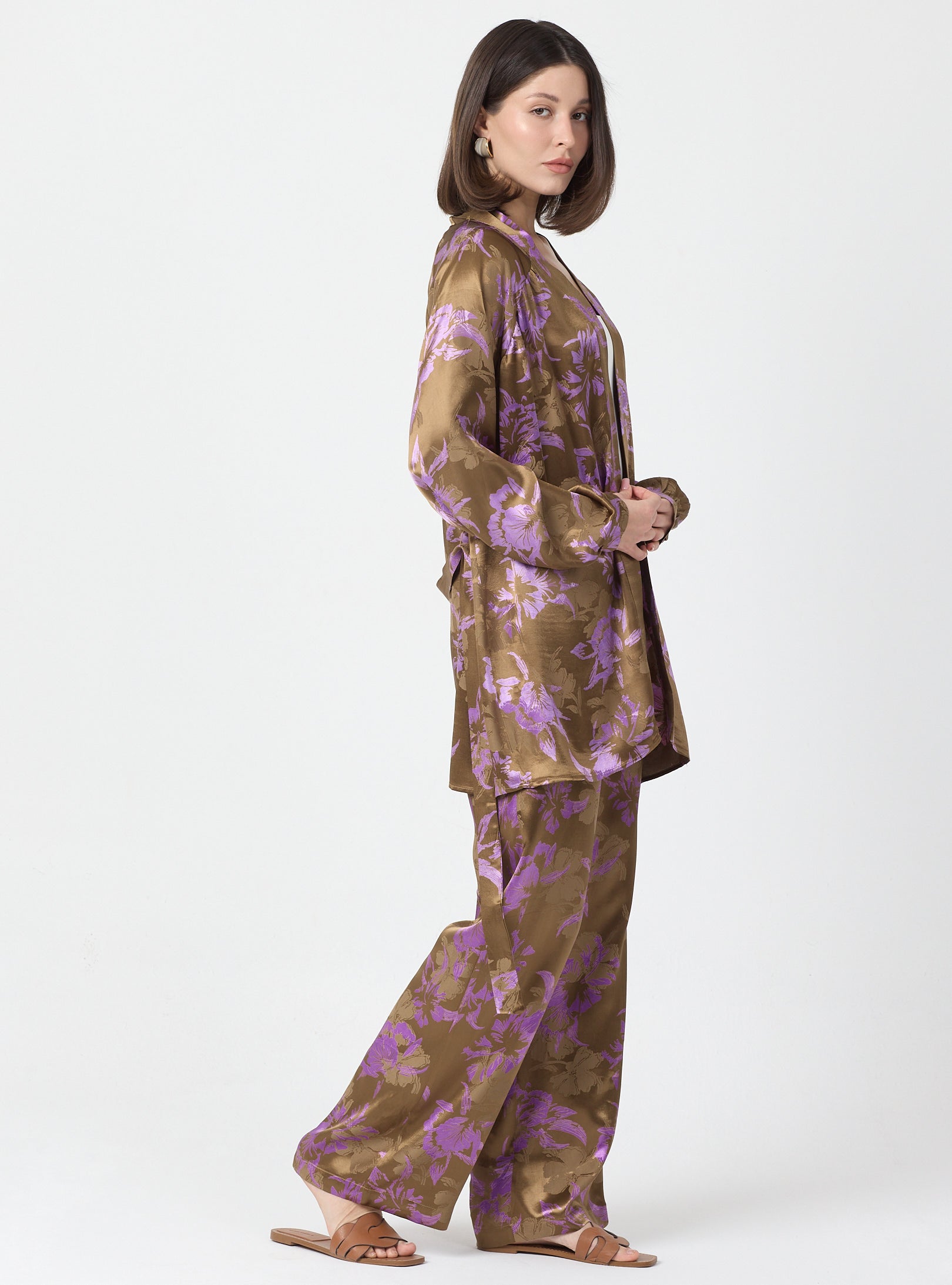 Pink Floral Print Kimono Set with Elastic Waist Pants