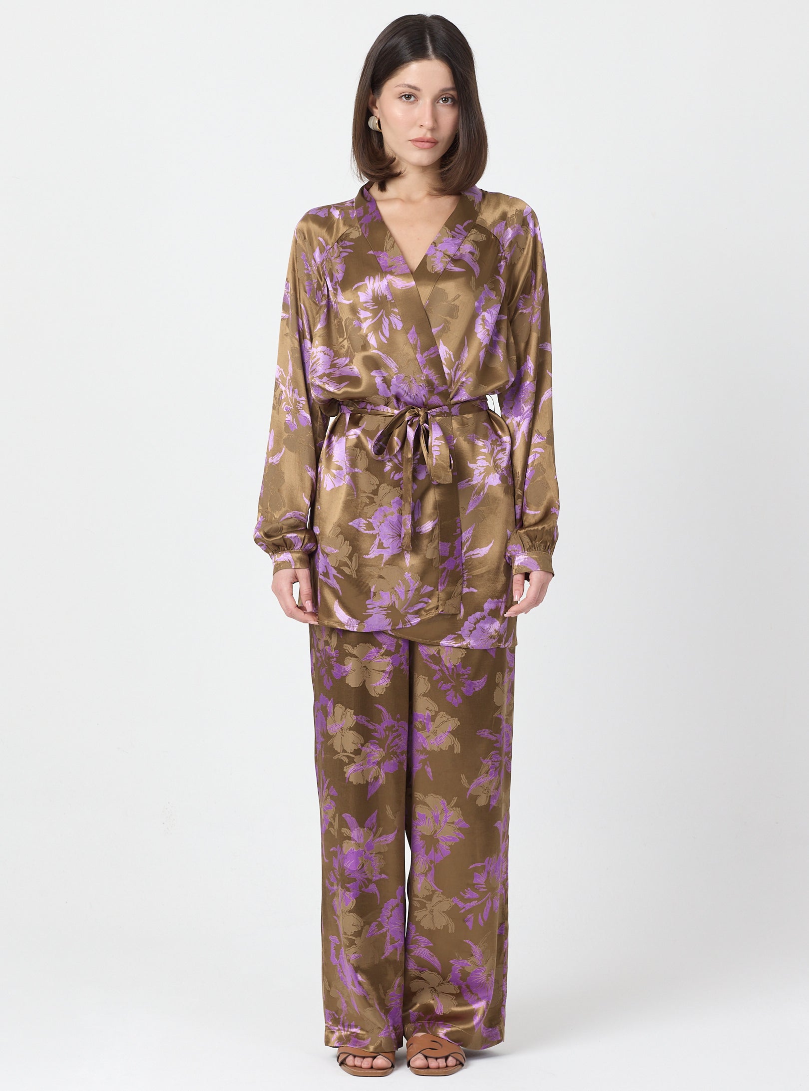 Pink Floral Print Kimono Set with Elastic Waist Pants - Store WF