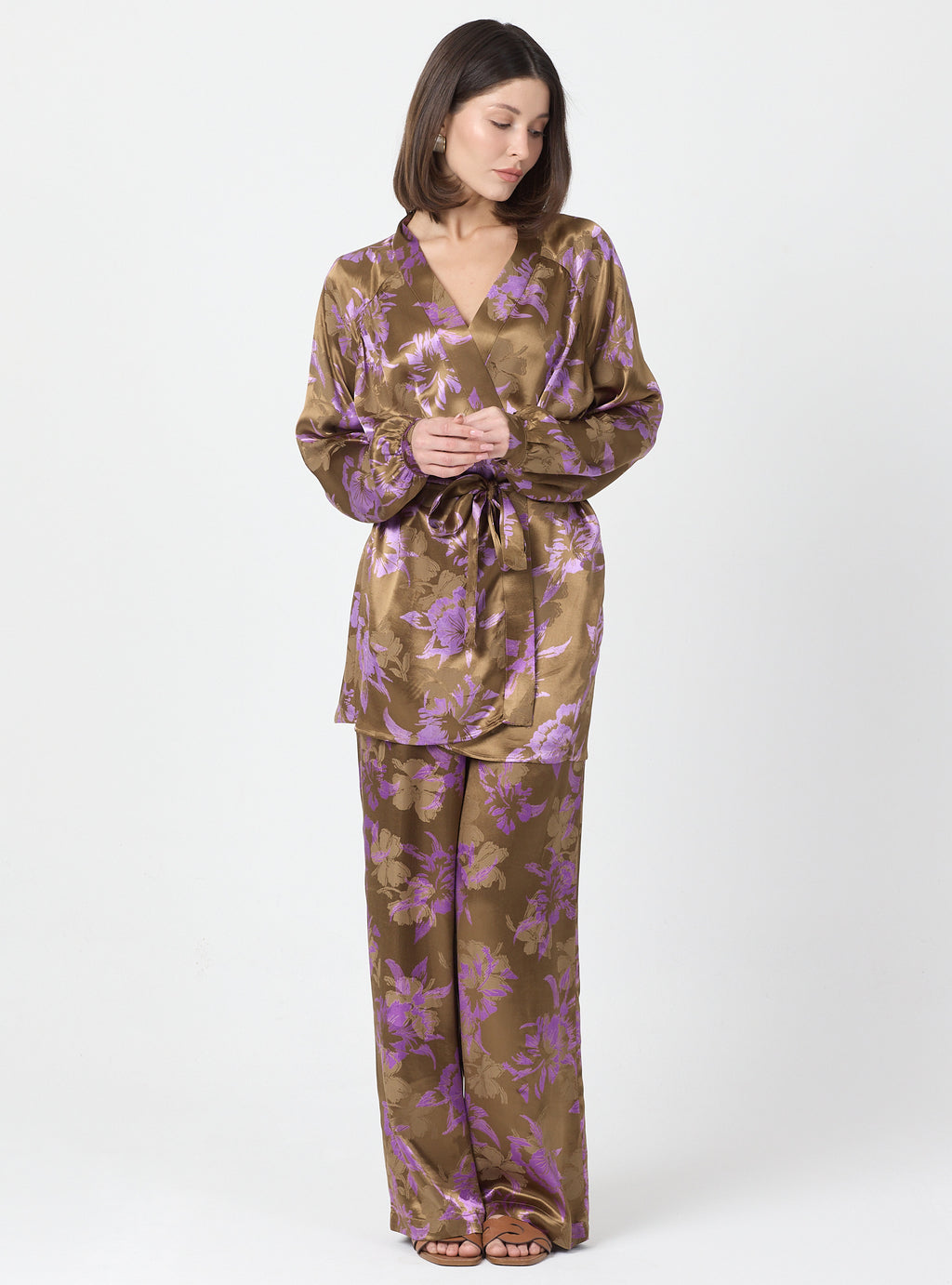 Pink Floral Print Kimono Set with Elastic Waist Pants