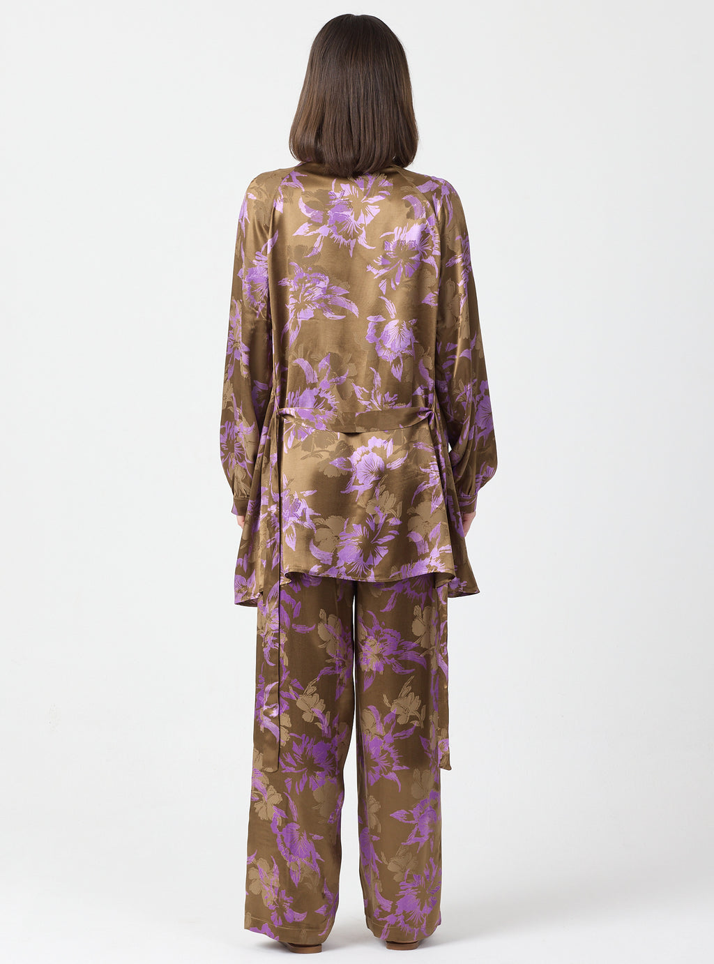 Pink Floral Print Kimono Set with Elastic Waist Pants