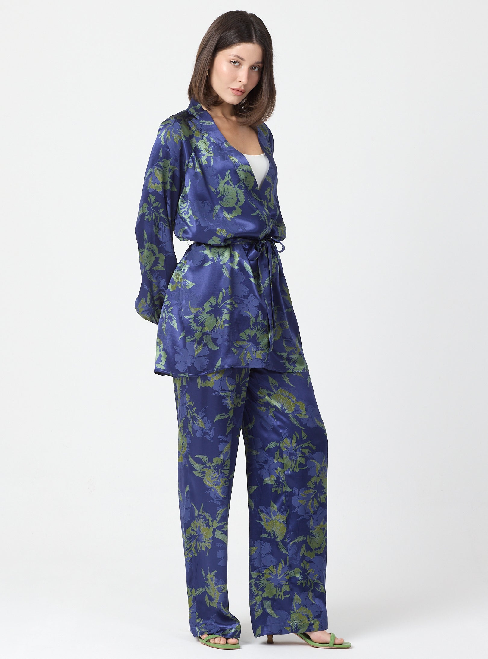 Green Floral Print Kimono Set with Elastic Waist Pants