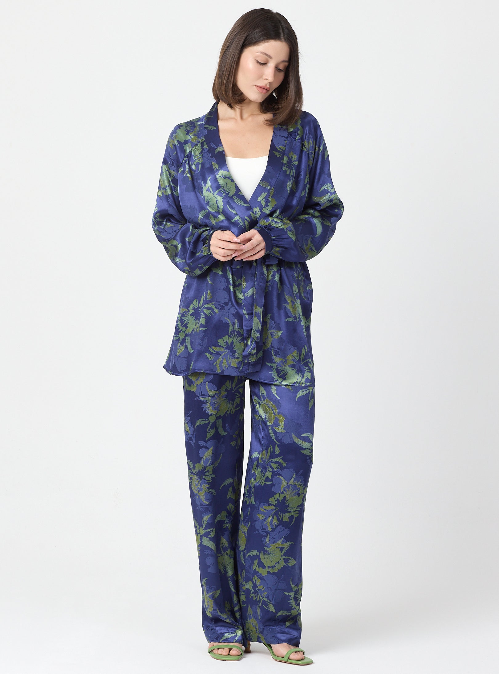 Green Floral Print Kimono Set with Elastic Waist Pants