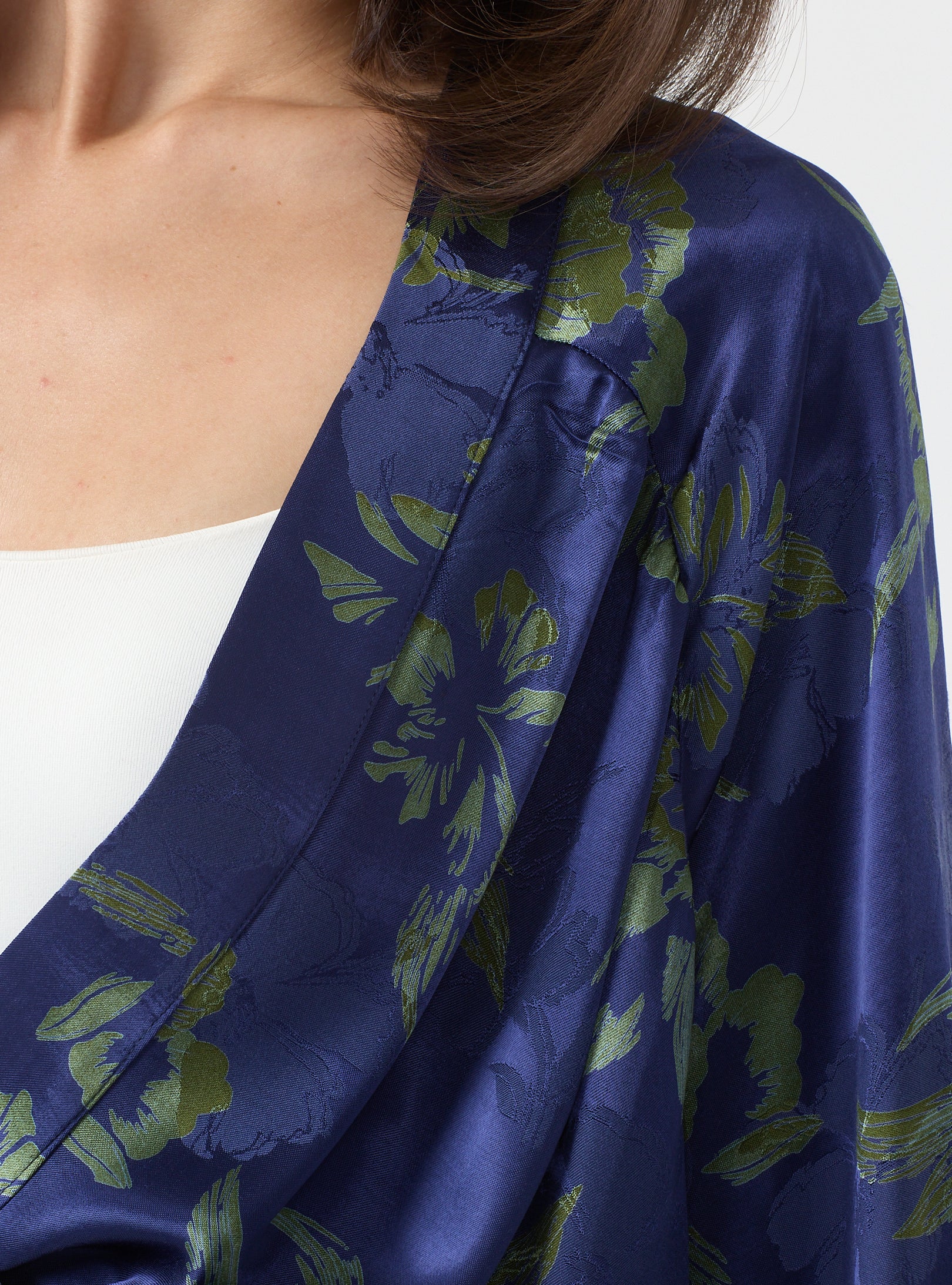 Green Floral Print Kimono Set with Elastic Waist Pants