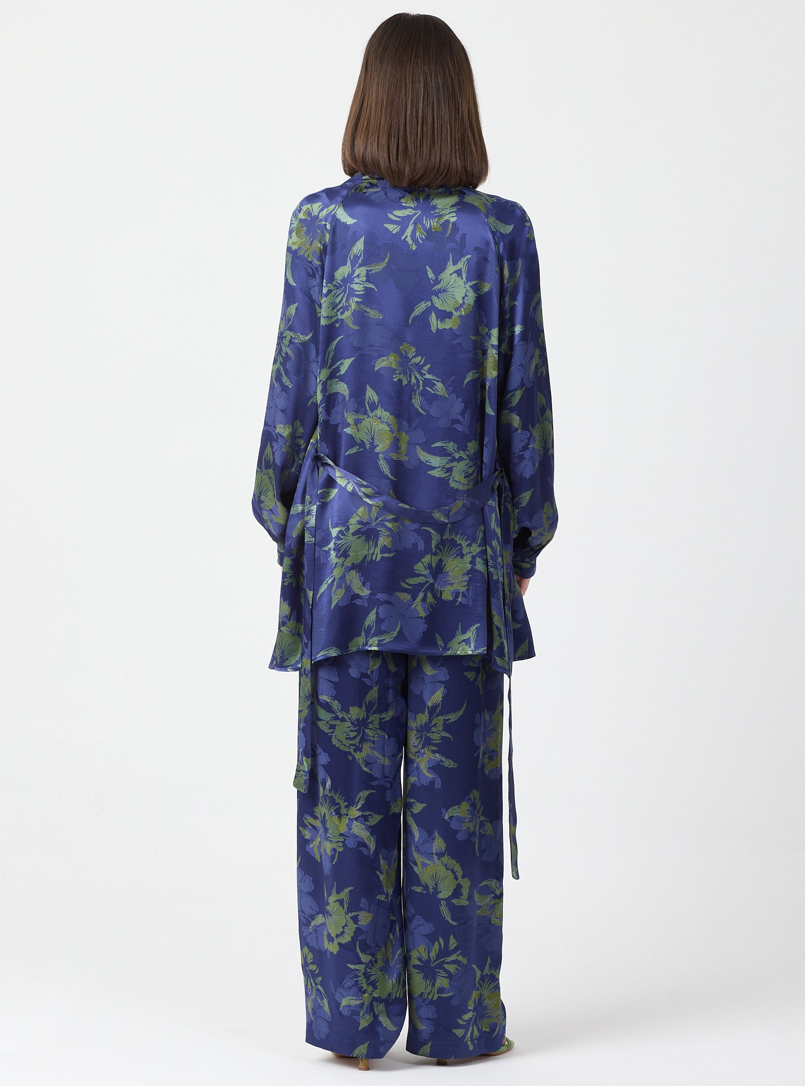 Green Floral Print Kimono Set with Elastic Waist Pants