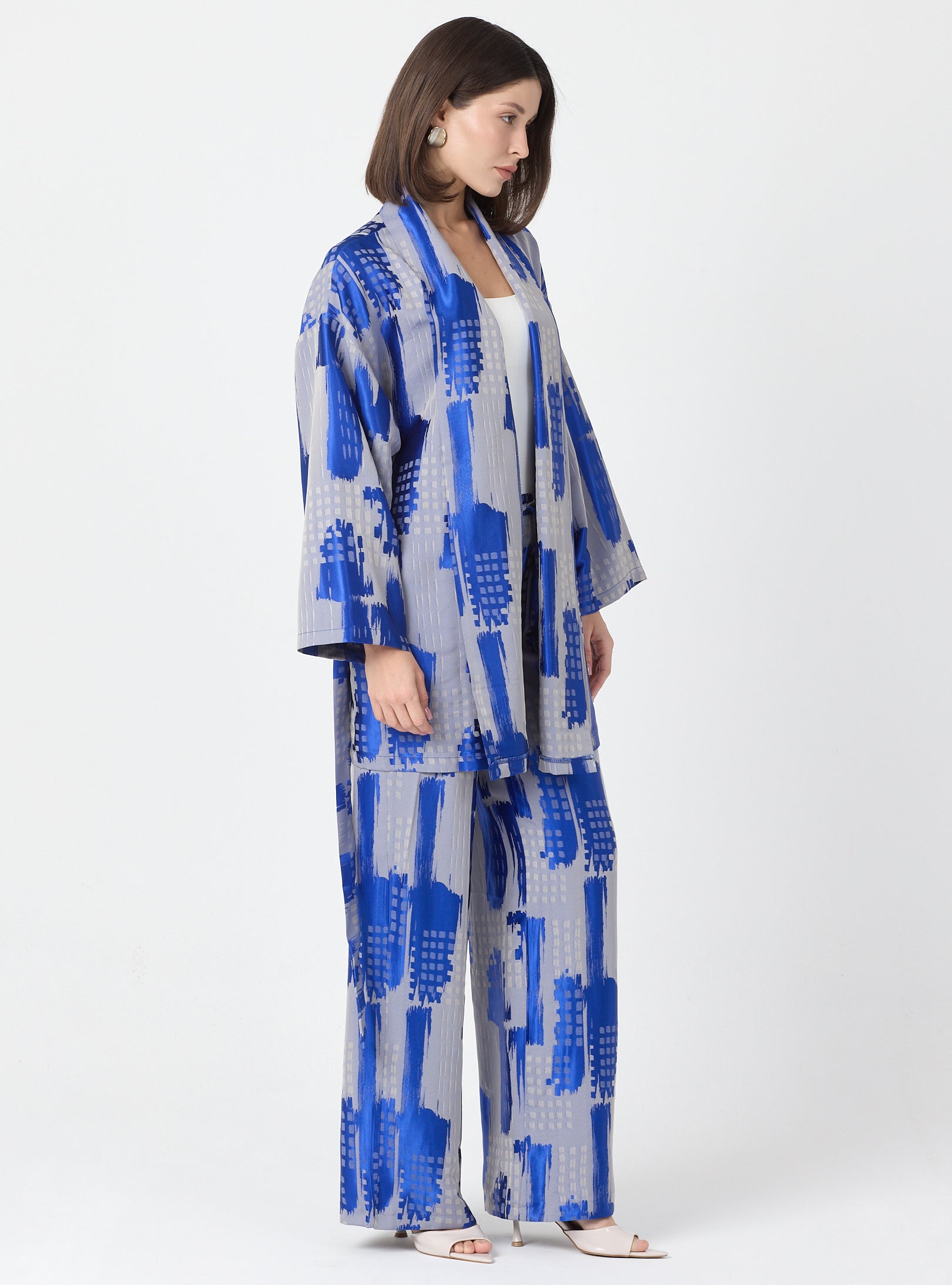 Blue Modern Print Shawl Collar Kimono Set with Elastic Waist Pants