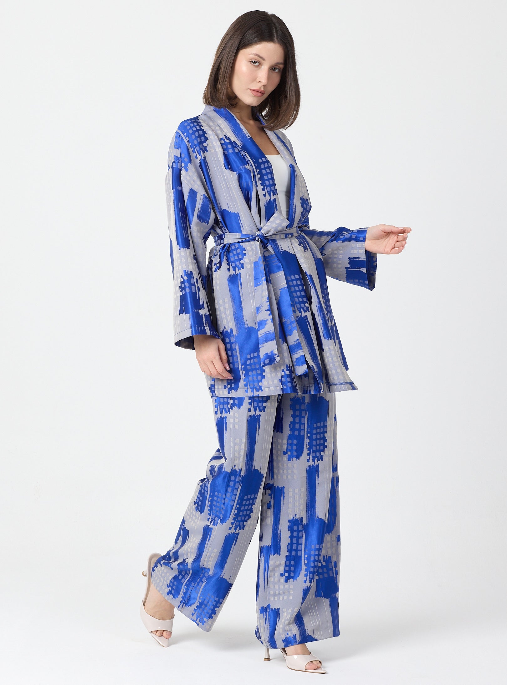 Blue Modern Print Shawl Collar Kimono Set with Elastic Waist Pants