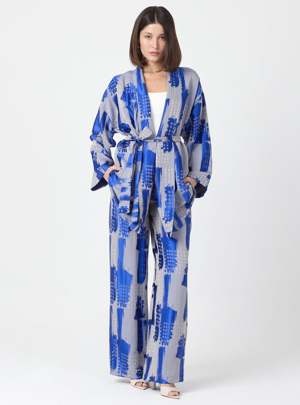 Blue Modern Print Shawl Collar Kimono Set with Elastic Waist Pants