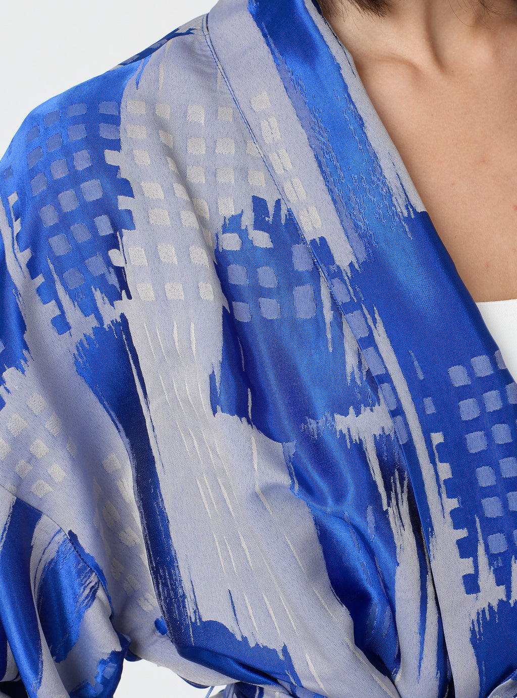 Blue Modern Print Shawl Collar Kimono Set with Elastic Waist Pants