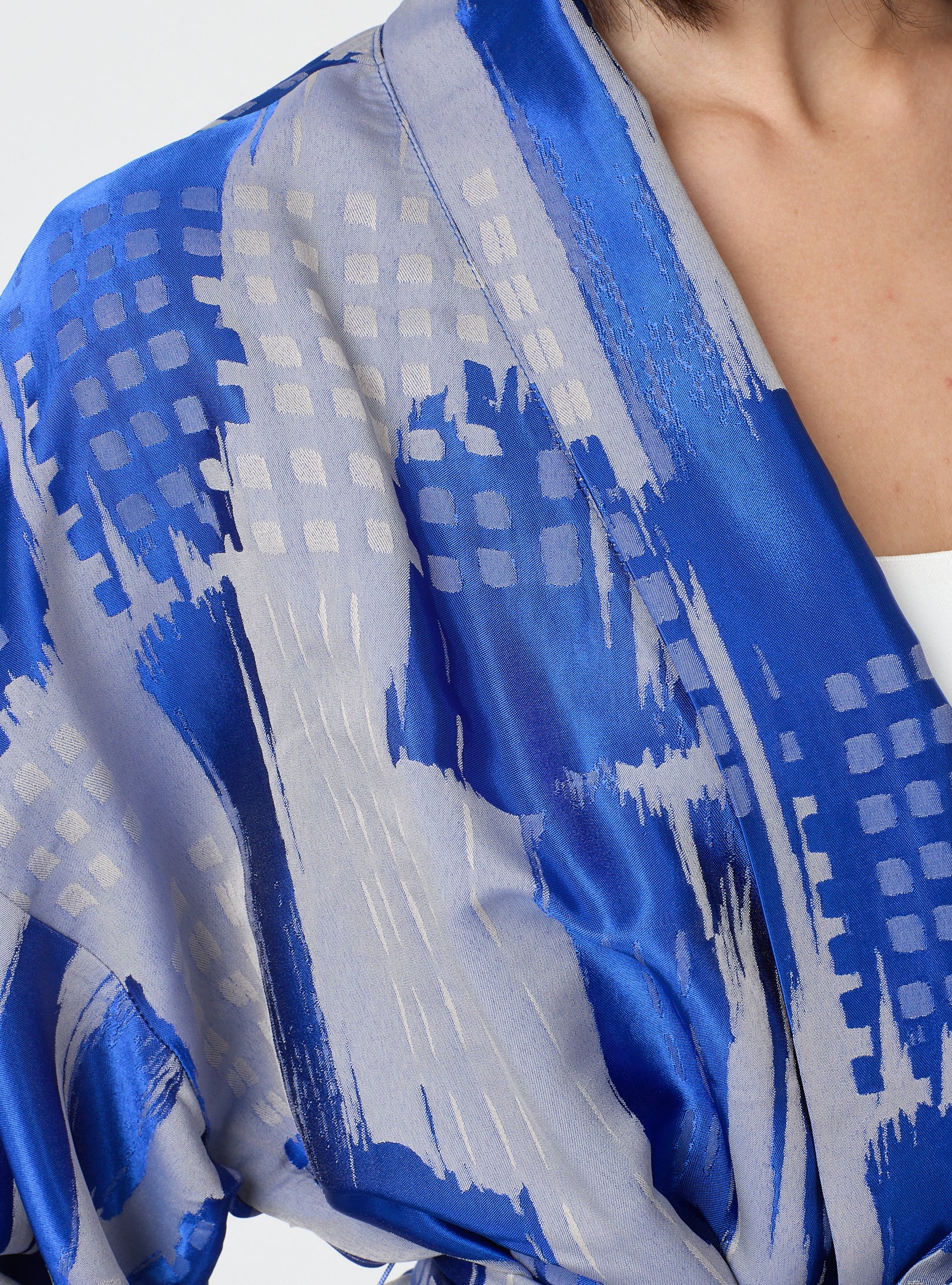 Blue Modern Print Shawl Collar Kimono Set with Elastic Waist Pants - Store WF