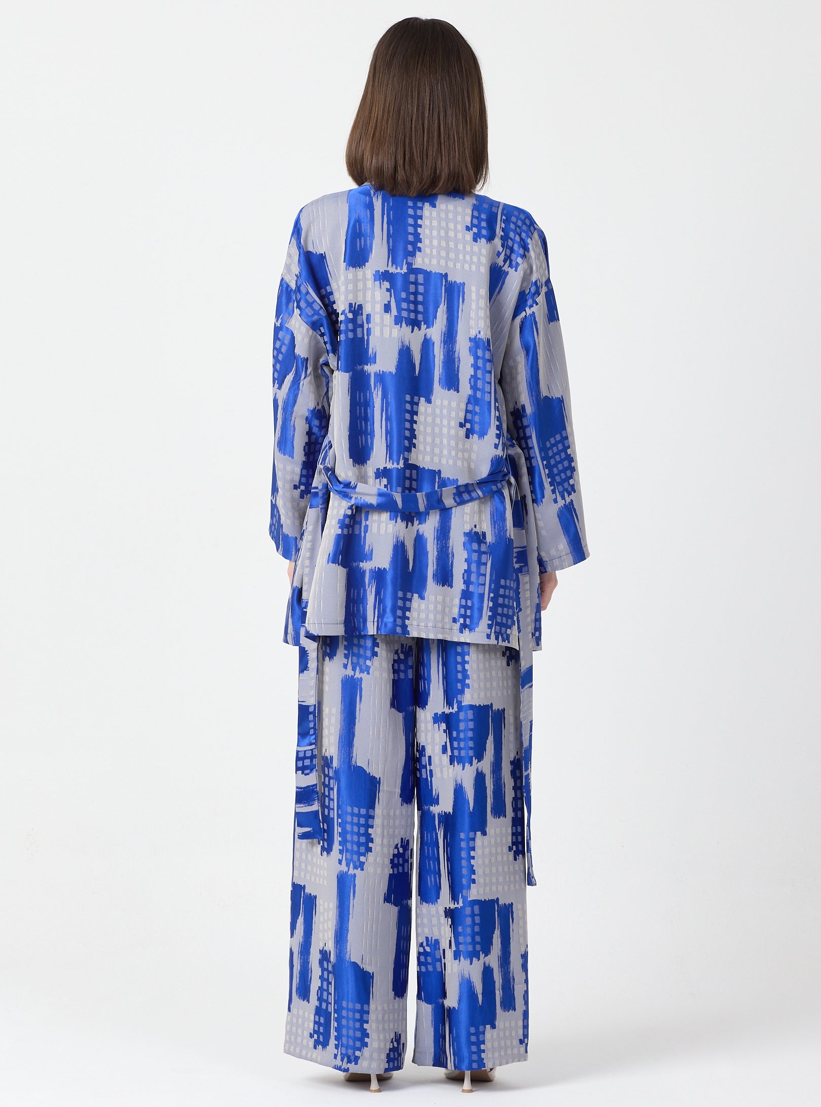 Blue Modern Print Shawl Collar Kimono Set with Elastic Waist Pants