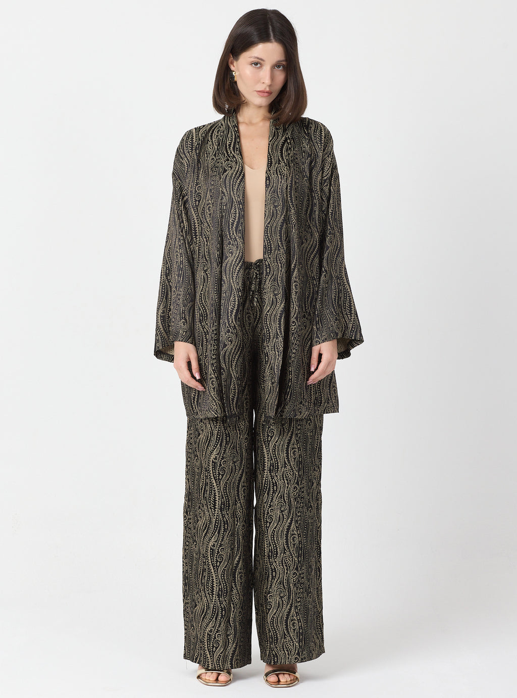 Shawl Collar Kimono Set with Elastic Waist Pants
