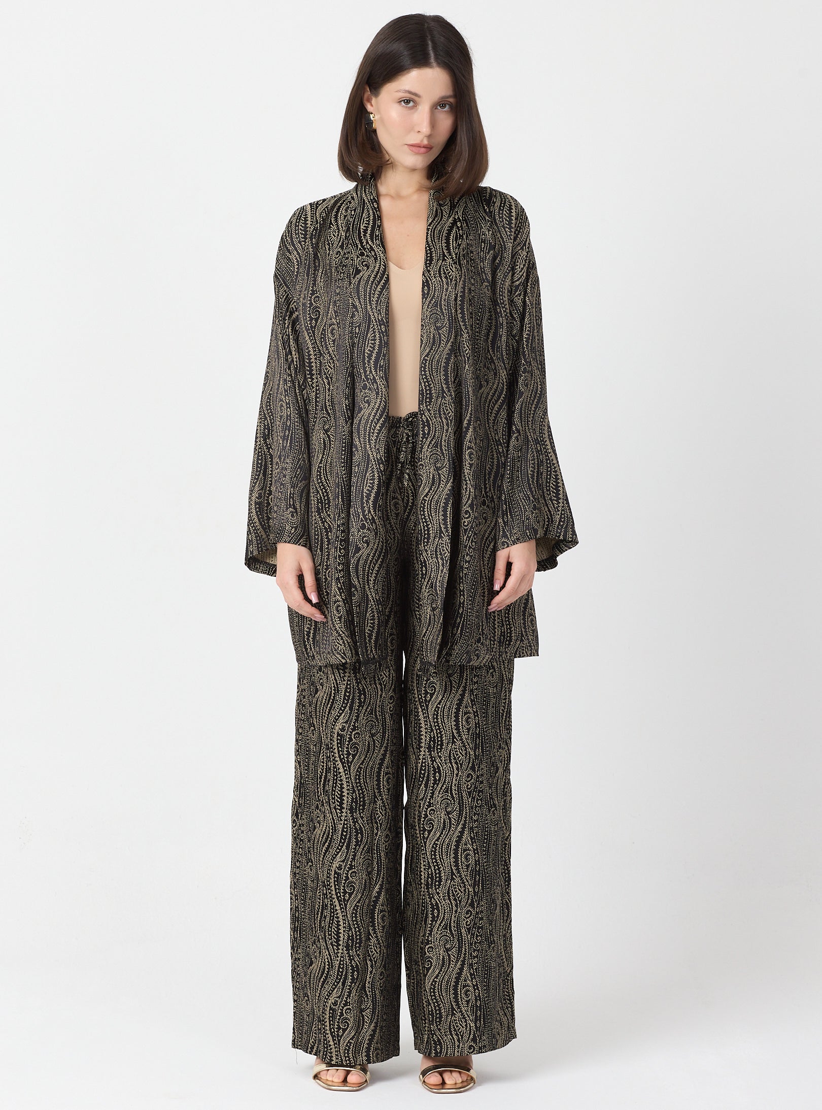 Shawl Collar Kimono Set with Elastic Waist Pants