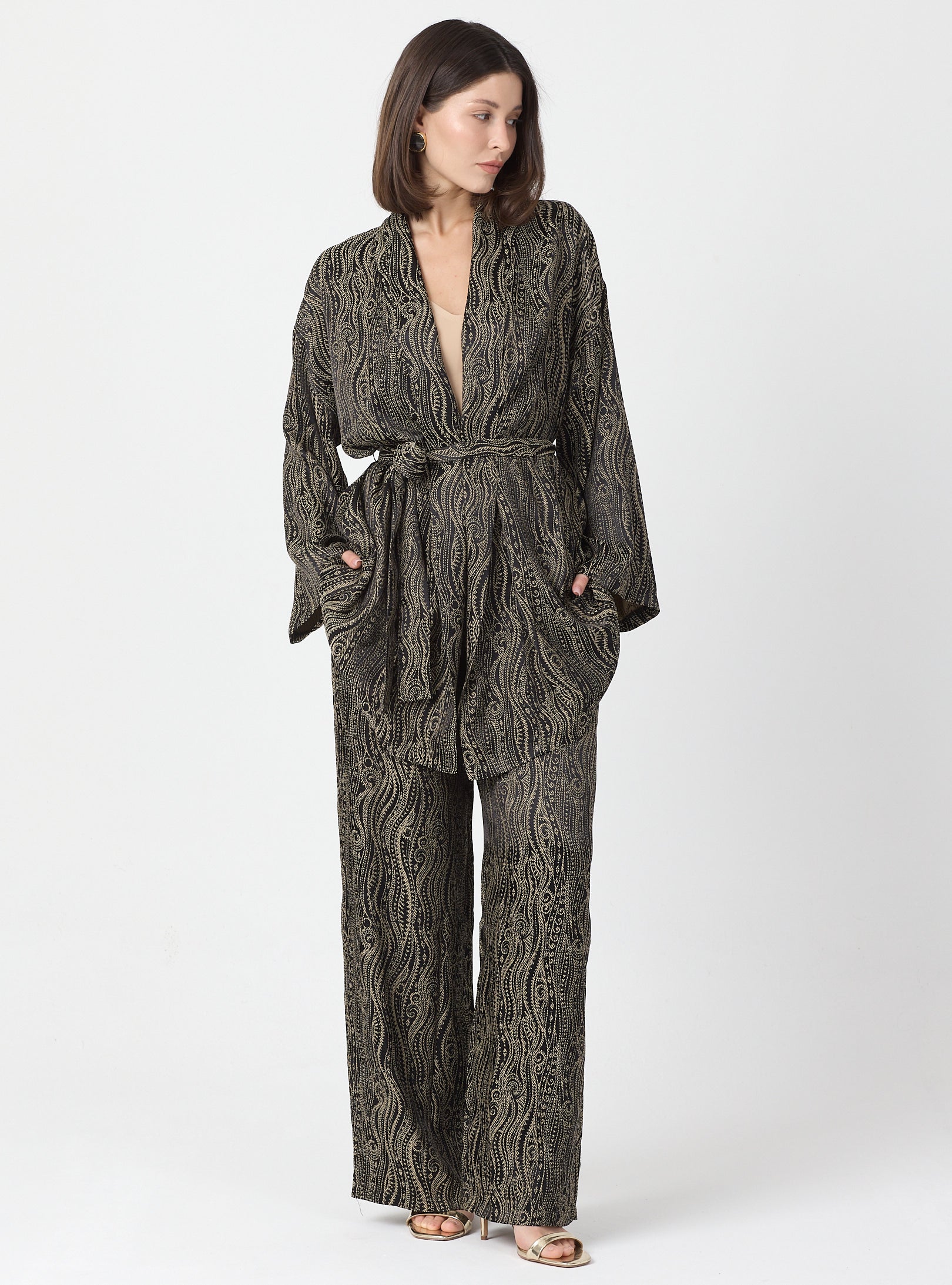 Shawl Collar Kimono Set with Elastic Waist Pants - Store WF