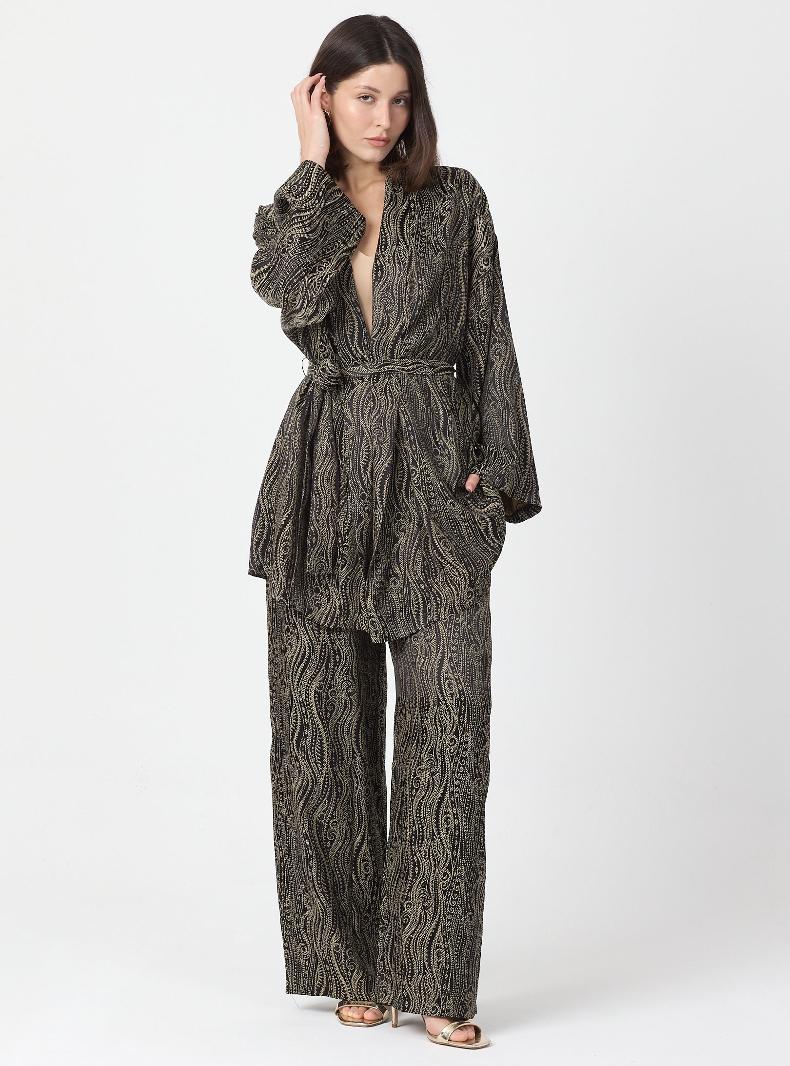 Shawl Collar Kimono Set with Elastic Waist Pants