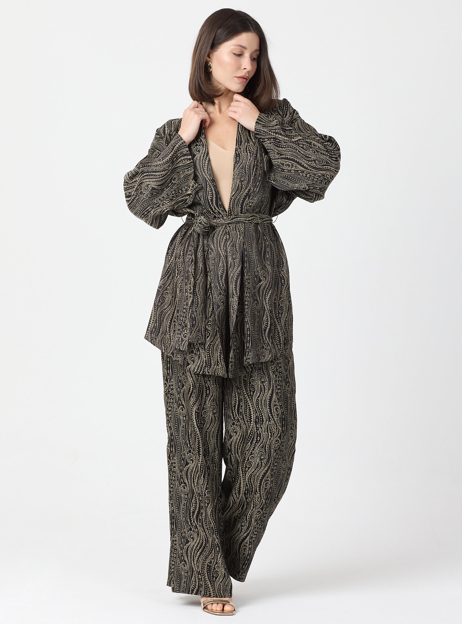 Shawl Collar Kimono Set with Elastic Waist Pants