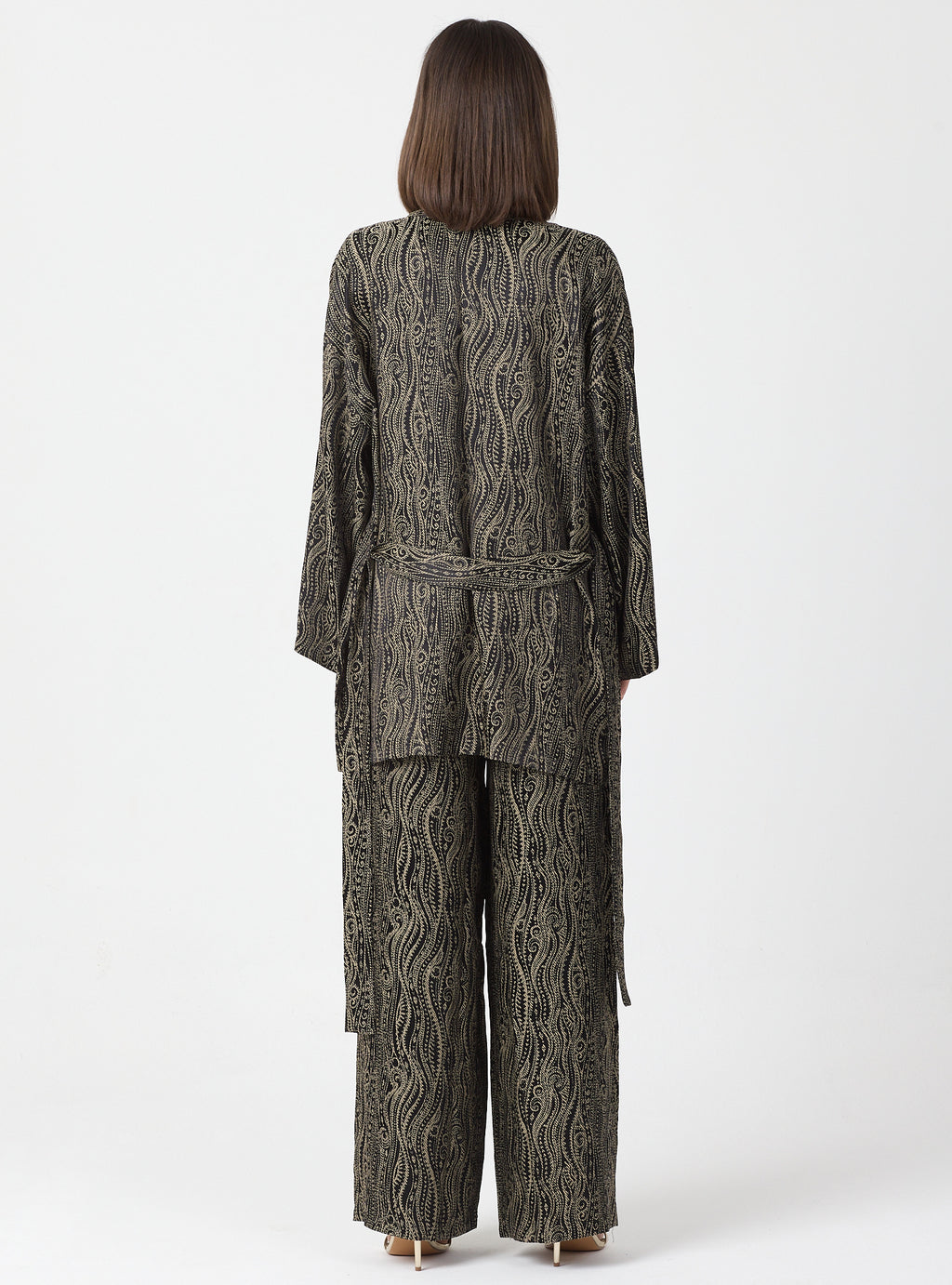 Shawl Collar Kimono Set with Elastic Waist Pants